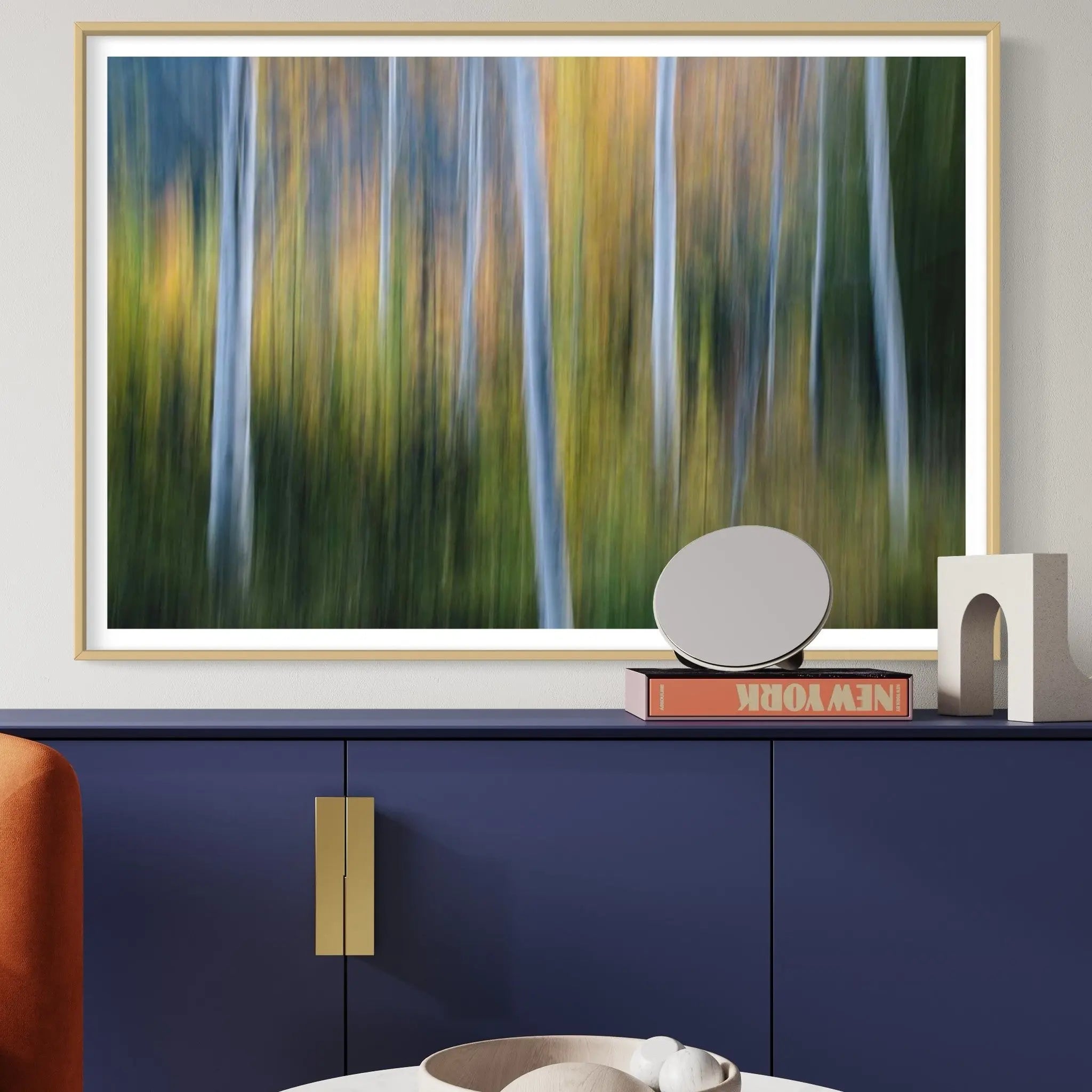 Forest of Aspen Trees in Autumn displayed in a modern living room interior