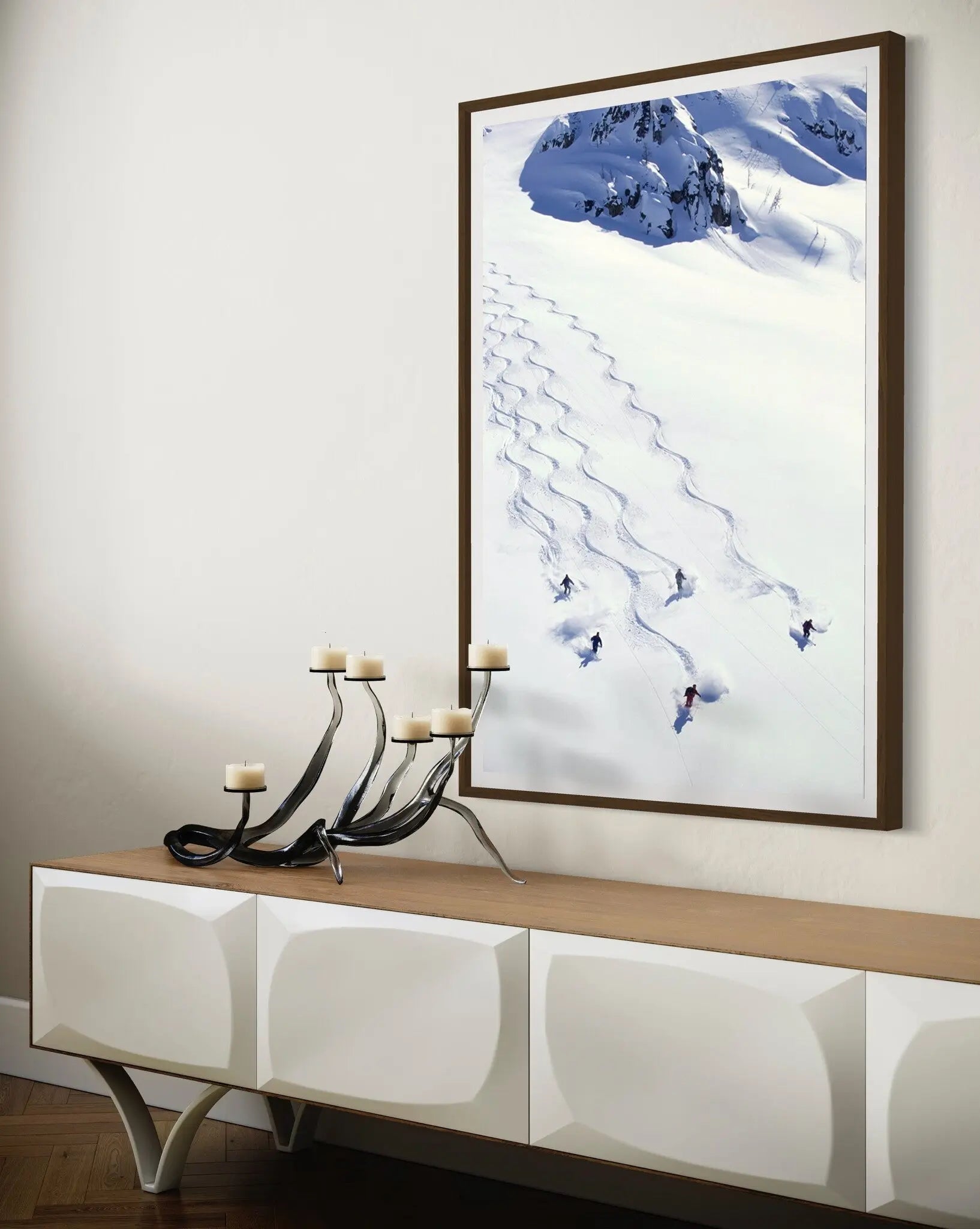 Thrilling Heli-Skiing Descent by Karl Weatherly presented in a curated interior design