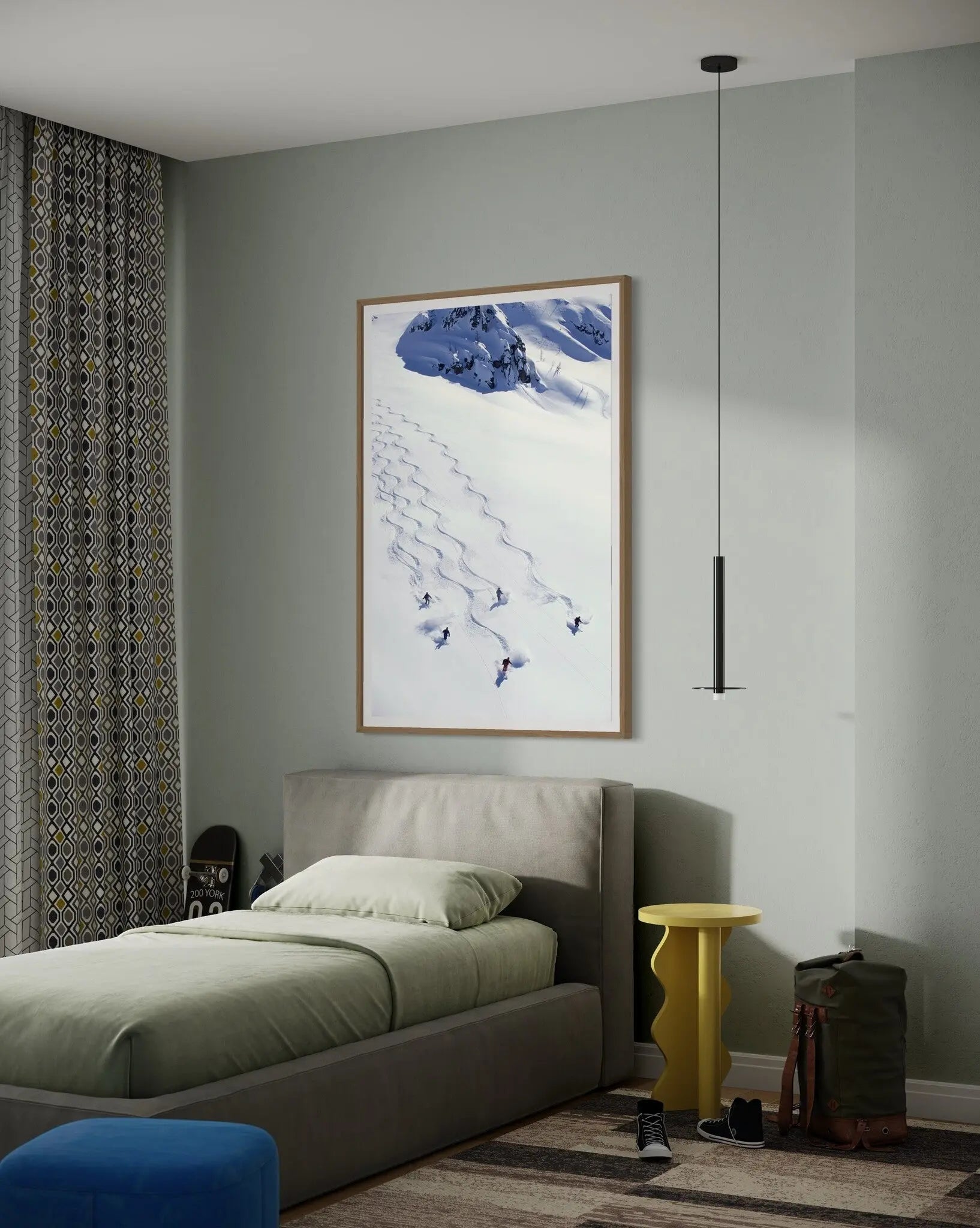 Thrilling Heli-Skiing Descent by Karl Weatherly styled in a contemporary interior setting