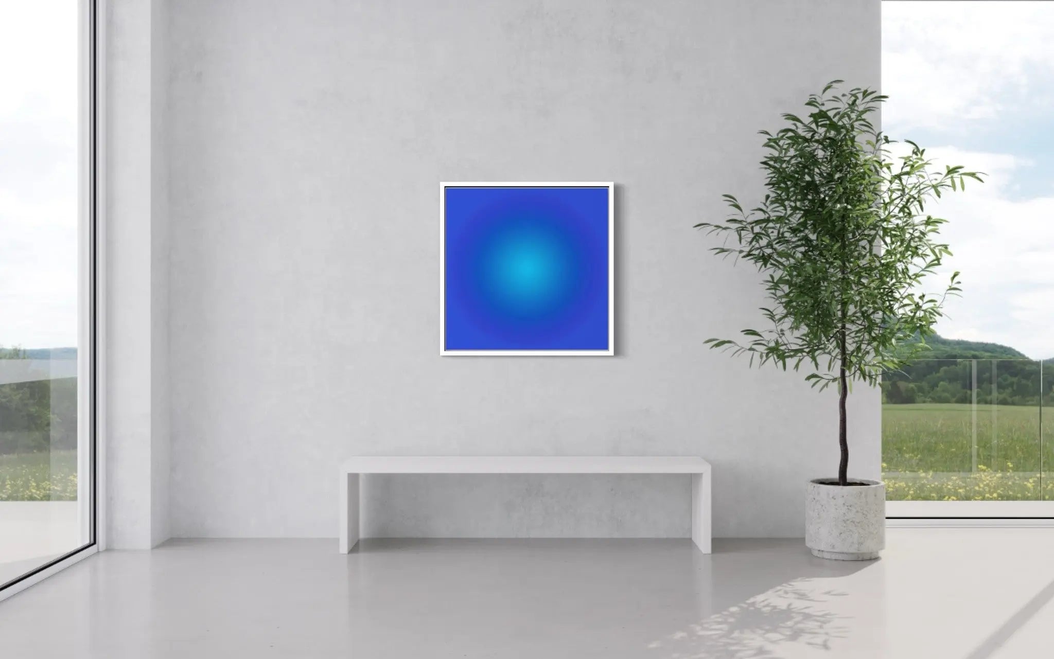 Cerulean Blue Halo by Alejandro Franseschini displayed in a modern living room interior