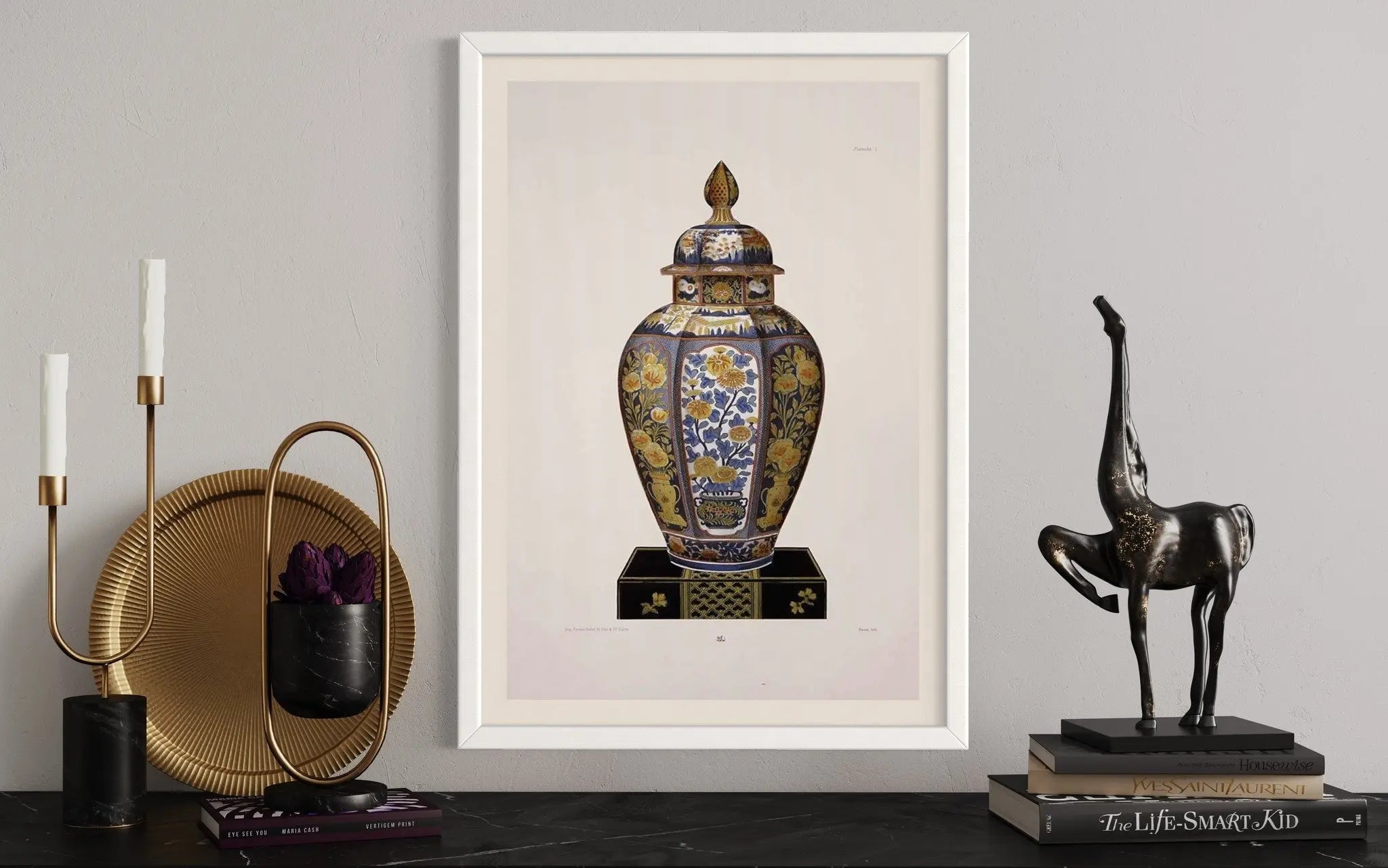 Chinese Vase In Blue And Yellow shown in a minimalist home decor setting