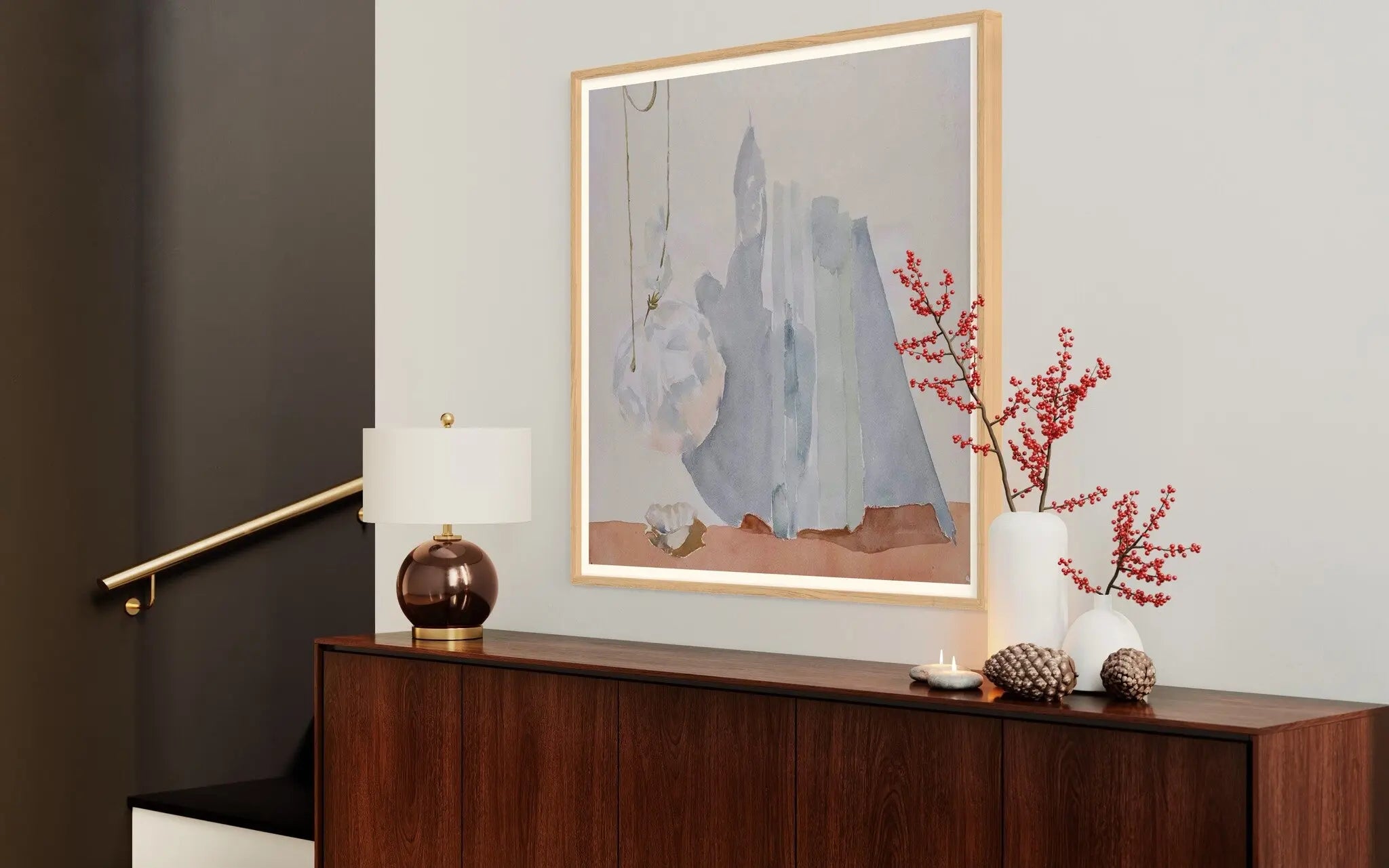 Abstraction in Grey and Pink by Encarnacion Portal Rubio styled in a contemporary interior setting