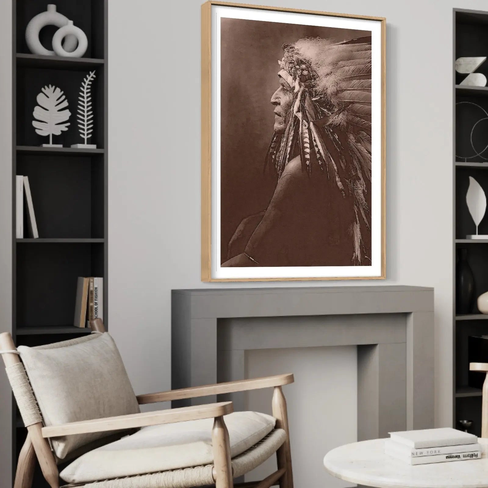 Vintage Photograph 1910 of 'blackfoot Brave' With Headdress. showcased in a designer room setting