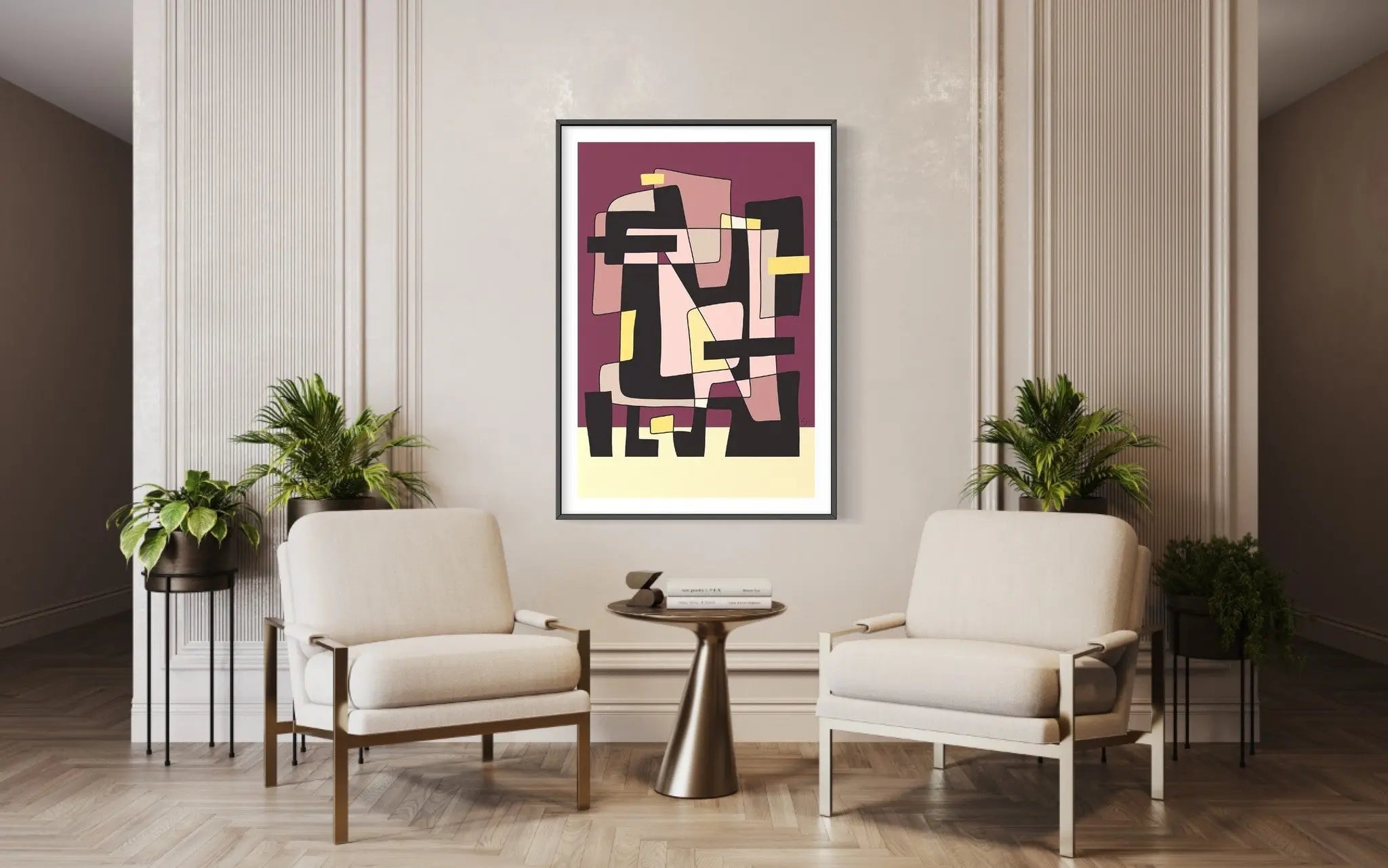Abstract Geometric 5 by Yolanda Carbayo displayed in a modern living room interior
