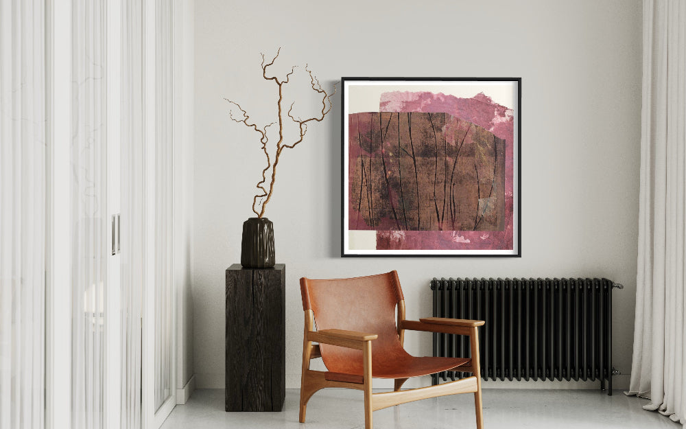 Abstract magenta and neutral canvas by Lidia Beiza styled above living rooms eating with neutral interior, The Picturalist