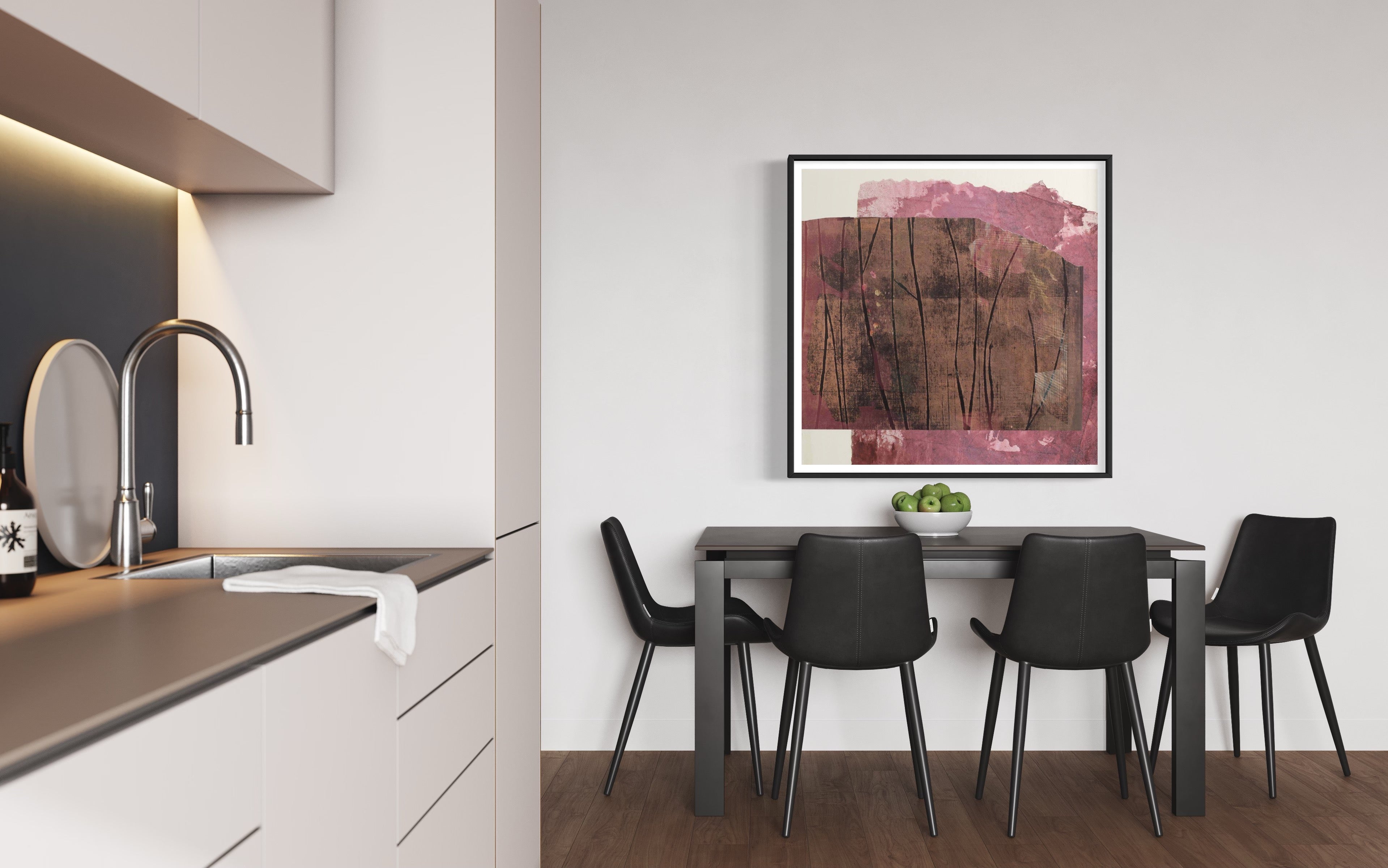 Abstract magenta and neutral canvas by Lidia Beiza styled above dining seating with wood table and neutral interior, The Picturalist