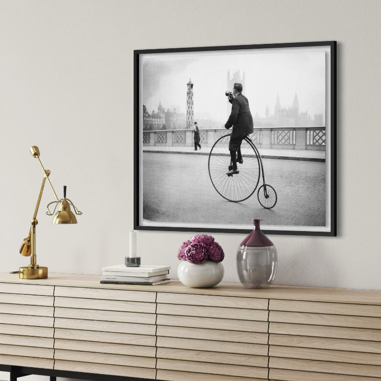 Penny Farthing Bugle by Fox Photos featured in a boutique hospitality setting, vintage Getty Images print styled by The Picturalist.