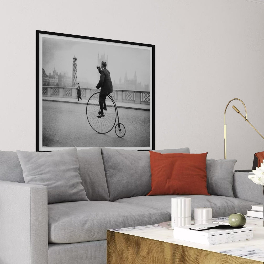 Penny Farthing Bugle by Fox Photos displayed in a contemporary living room, vintage photography styled for luxury interiors by The Picturalist.