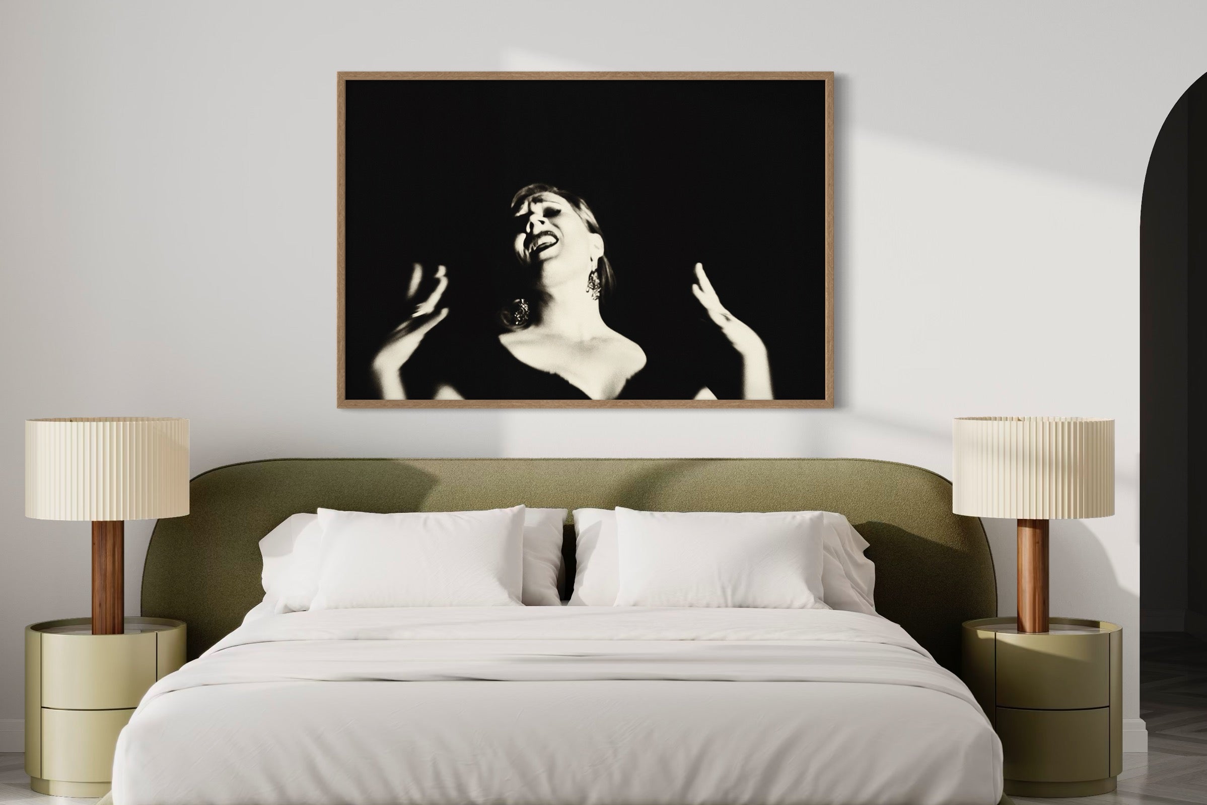 The Great Singer by Suteishi, expressive black and white portrait of woman singing, fine art print on matte paper framed by The Picturalist.