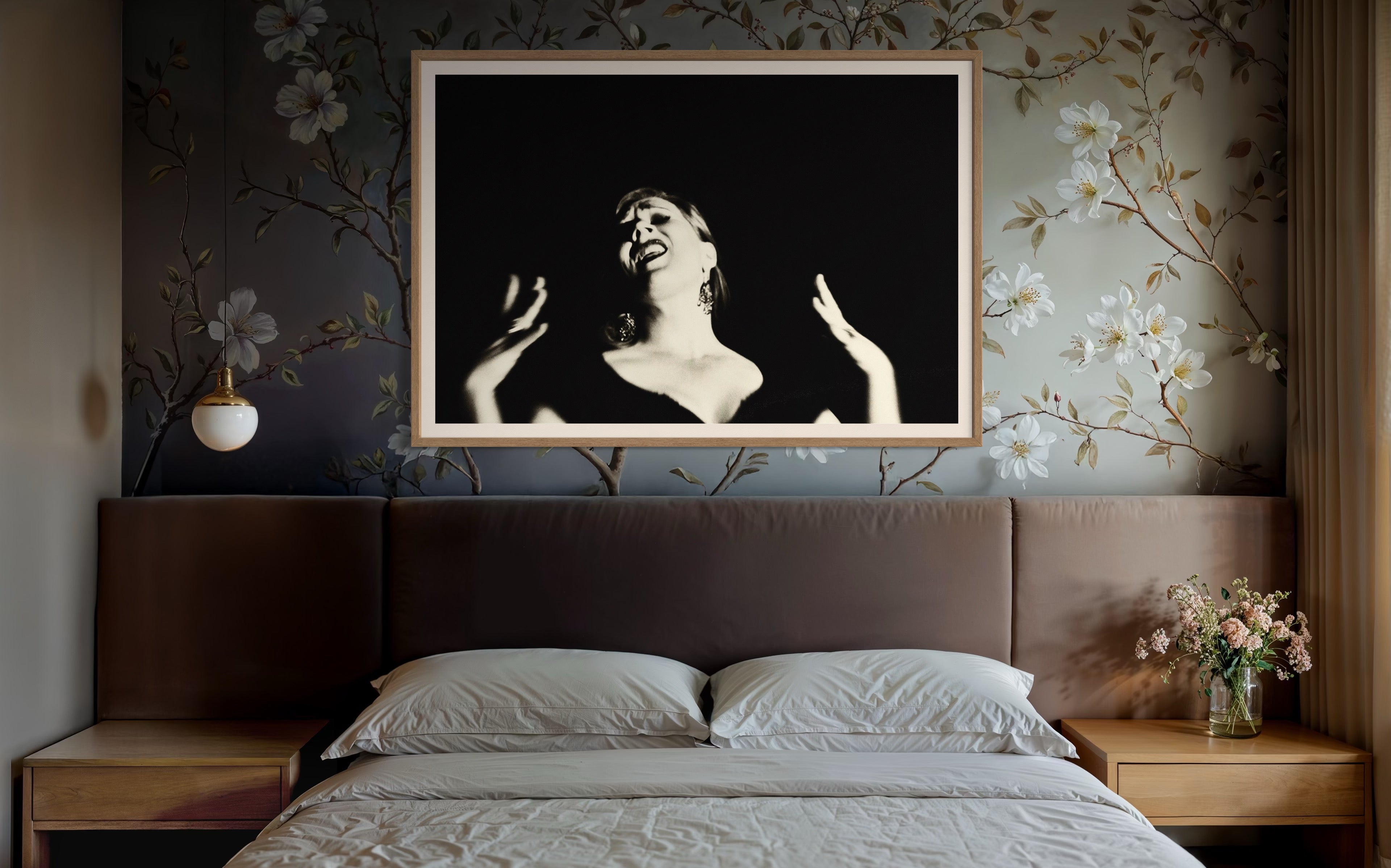 The Great Singer by Suteishi, expressive black and white portrait of woman singing, fine art print on matte paper framed by The Picturalist.
