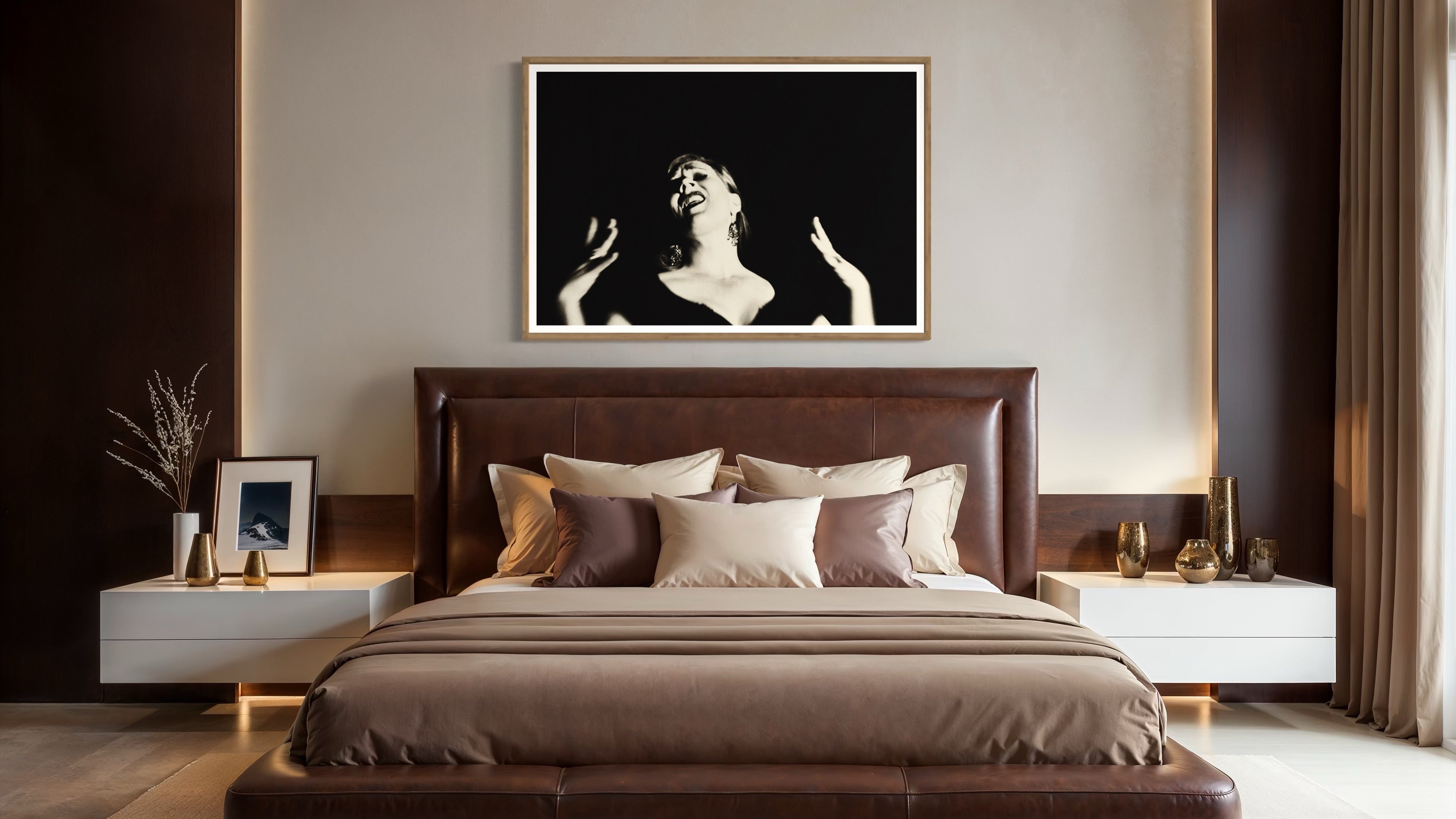 The Great Singer by Suteishi, expressive black and white portrait of woman singing, fine art print on matte paper framed by The Picturalist.