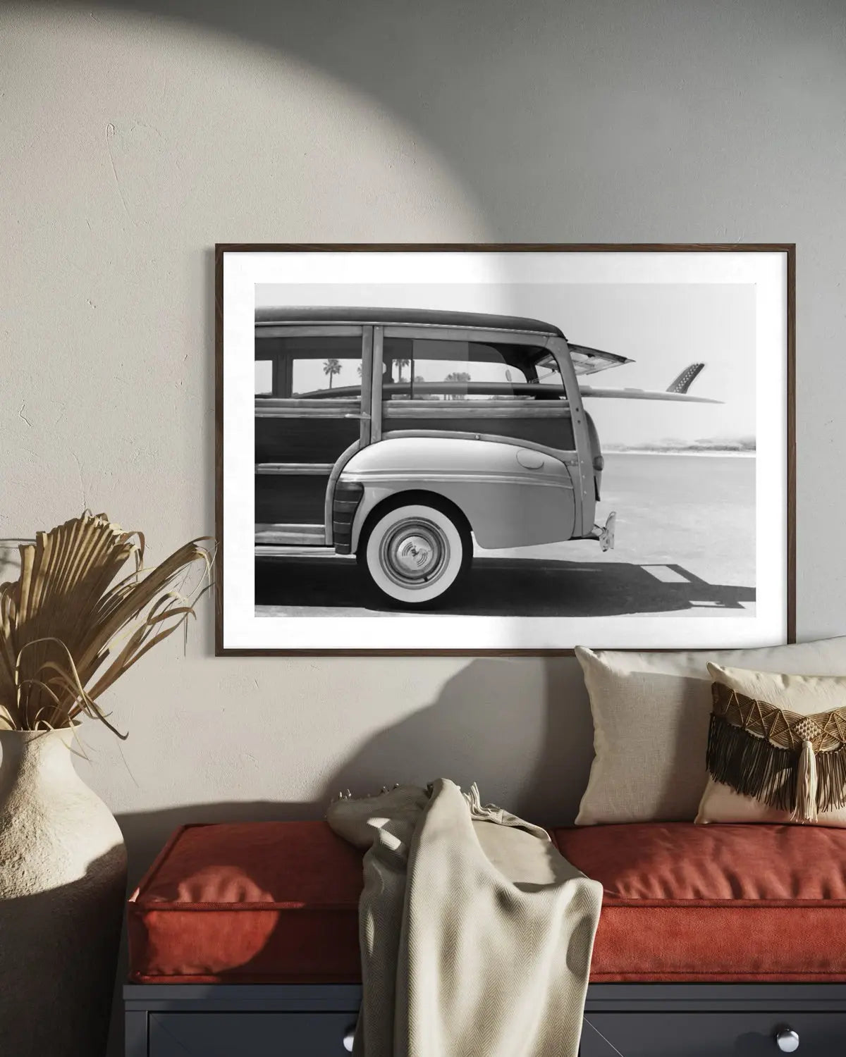 Old Woodie Station Wagon with Surfboard by Skodonnell styled in a contemporary interior setting