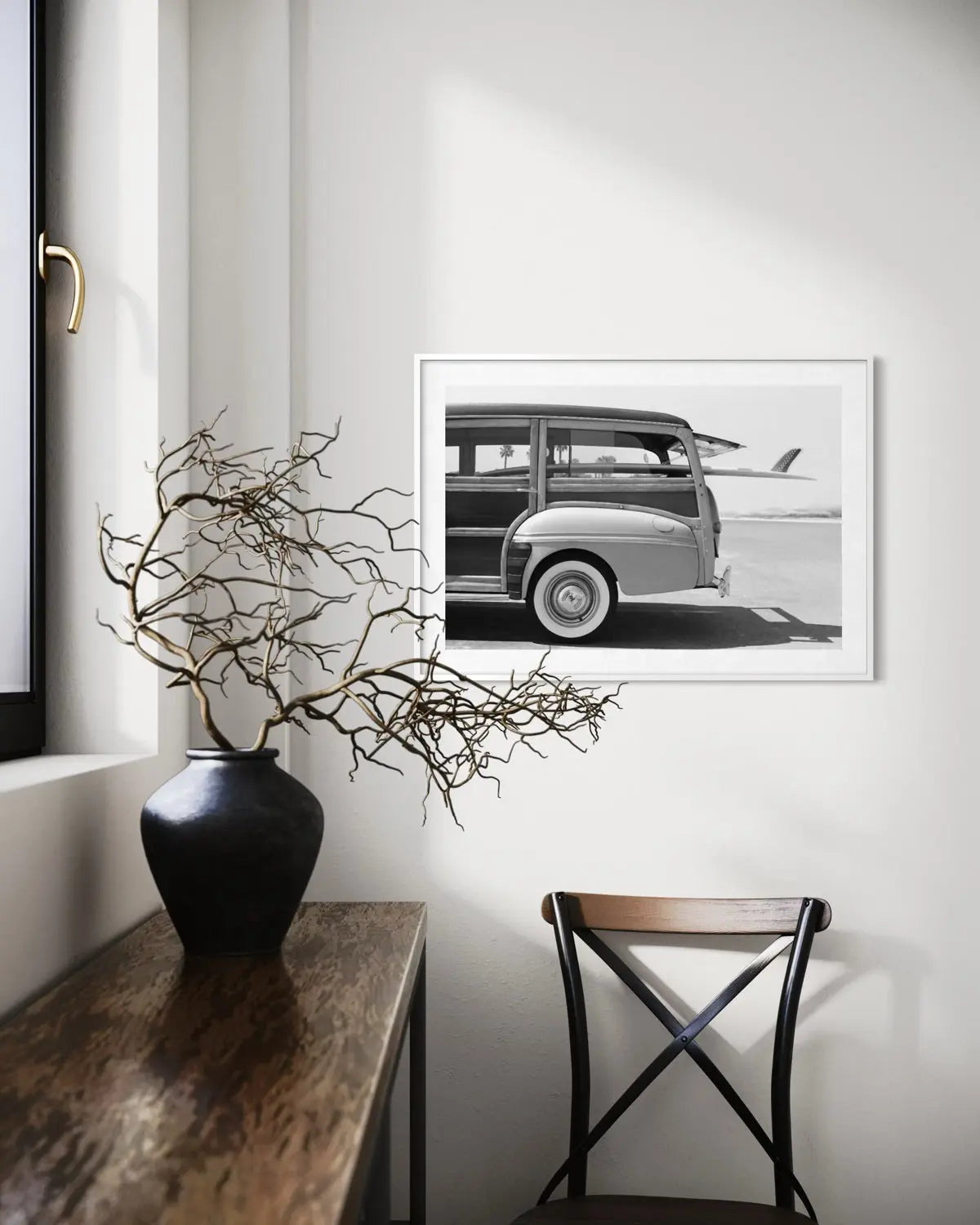 Old Woodie Station Wagon with Surfboard by Skodonnell featured in an elegant interior space