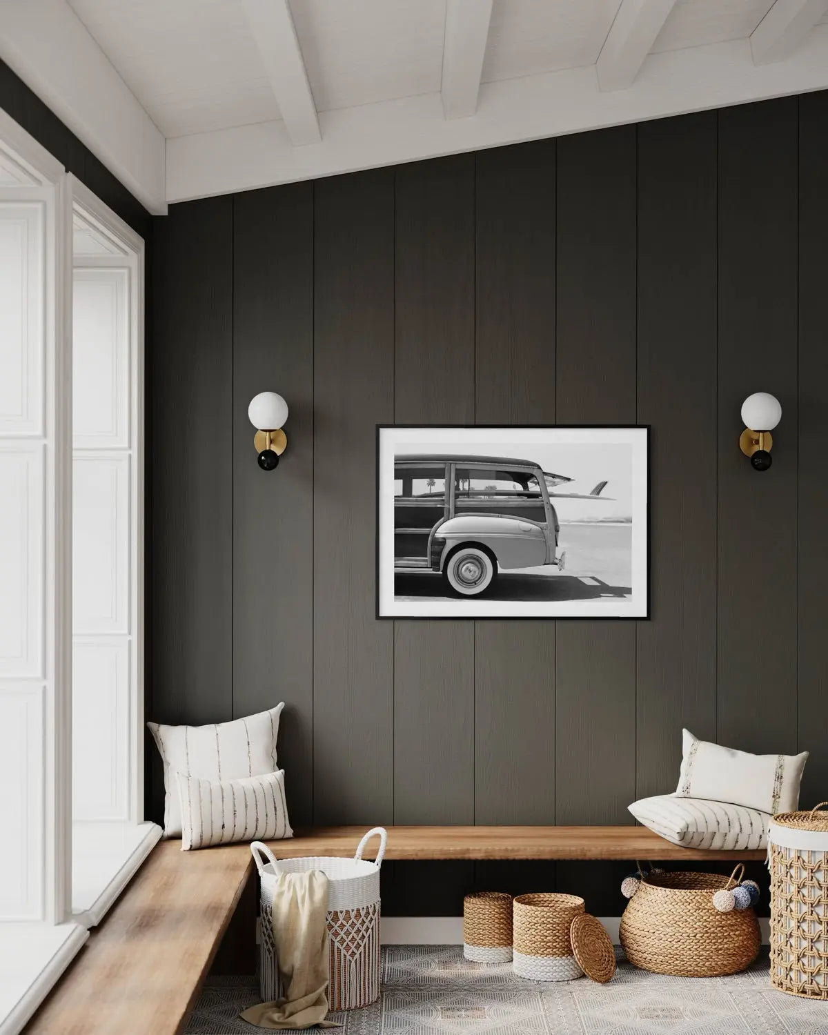 Old Woodie Station Wagon with Surfboard by Skodonnell presented in a curated interior design