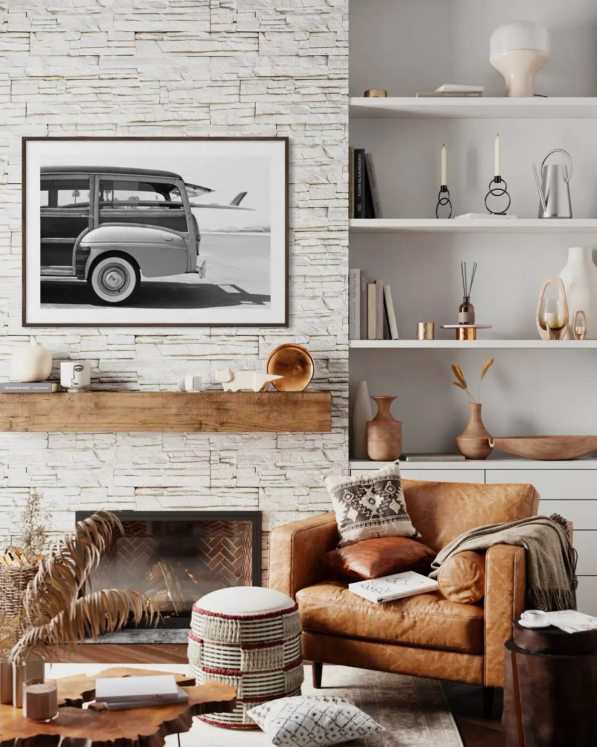 Old Woodie Station Wagon with Surfboard by Skodonnell showcased in a designer room setting