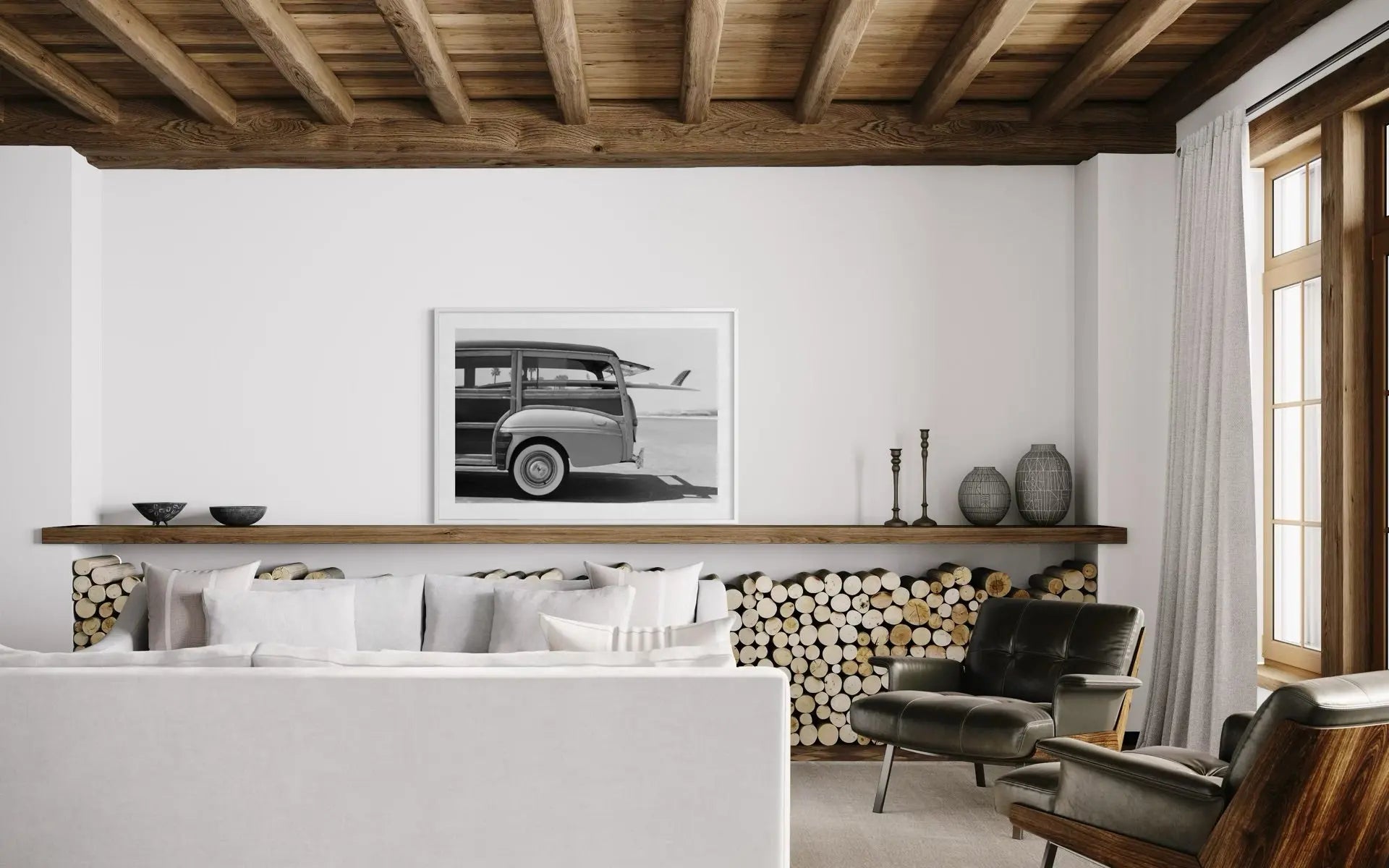 Old Woodie Station Wagon with Surfboard by Skodonnell shown in a minimalist home decor setting
