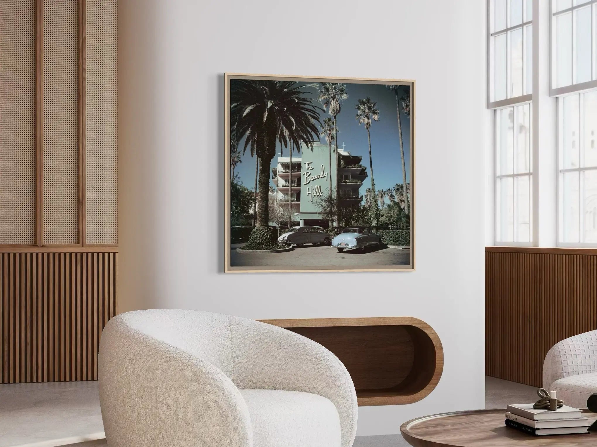 Beverly Hills Hotel by Slim Aarons displayed in a modern living room interior