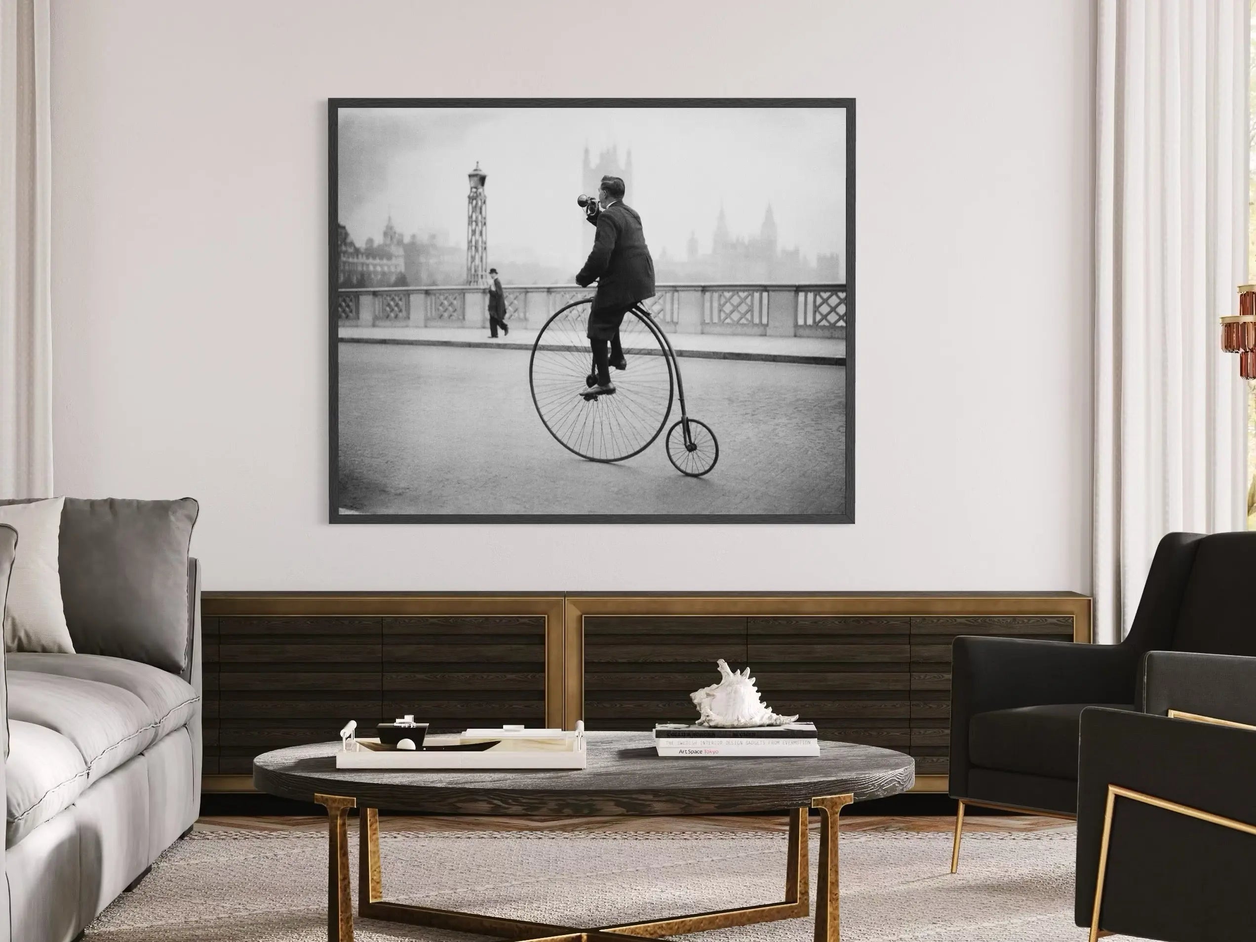 Penny Farthing Bugle by Fox Photos displayed in a modern living room interior