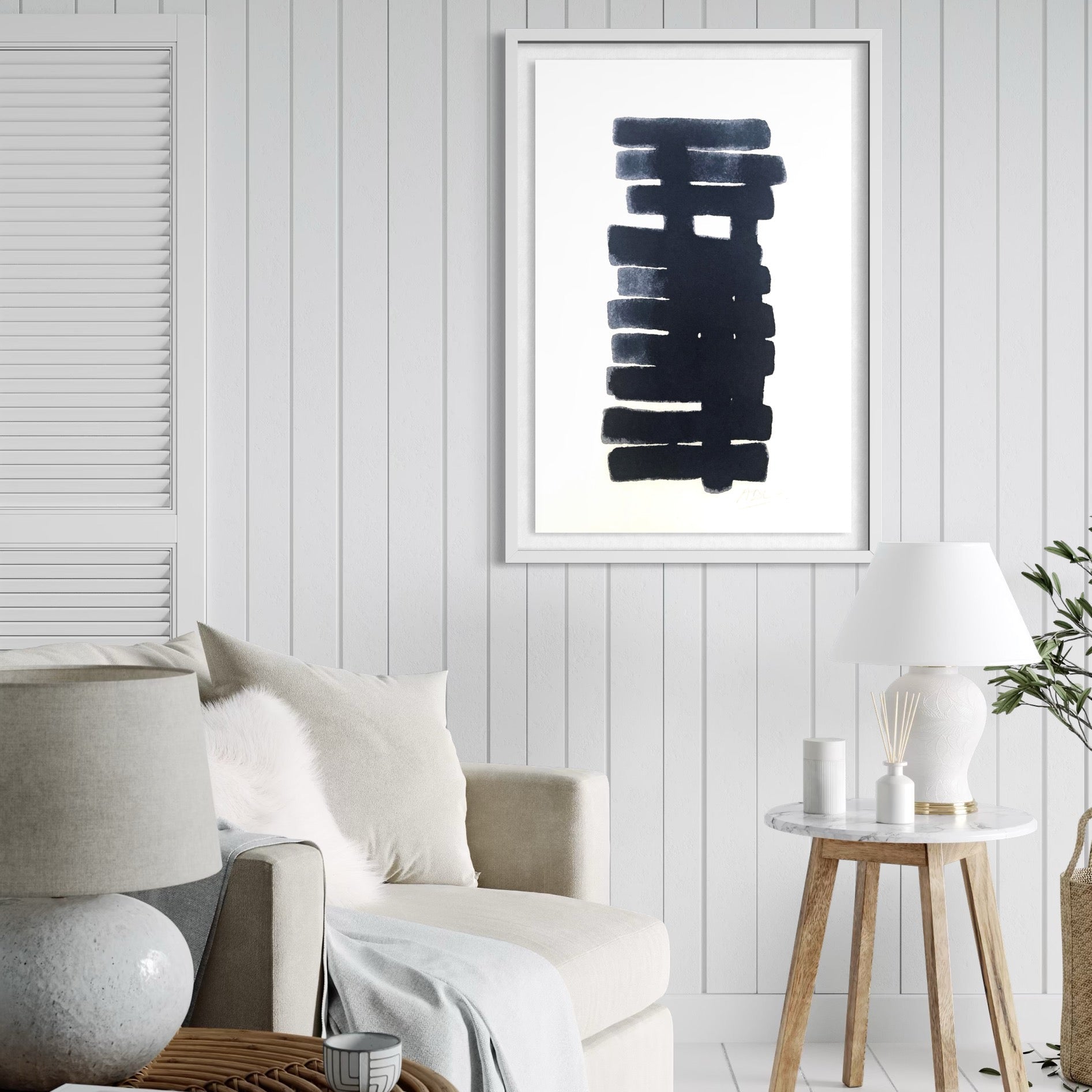 Vertical Balance by Marie Adeline framed in a contemporary living room, showcasing designer-grade wall decor and tailored art solutions for curated interiors.