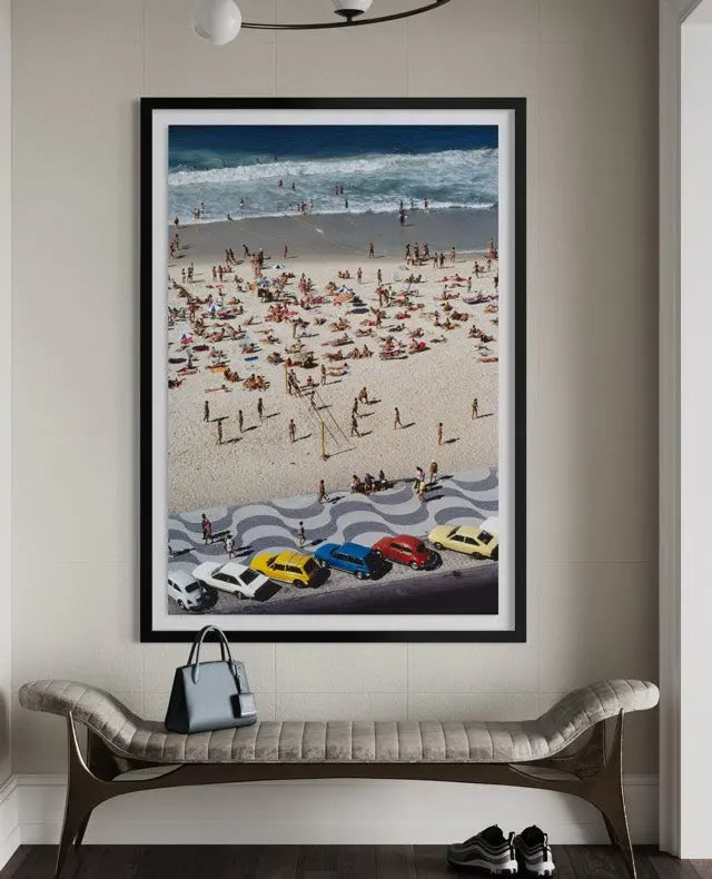 Copacabana Beach Brazil by Slim Aarons displayed in a modern living room interior