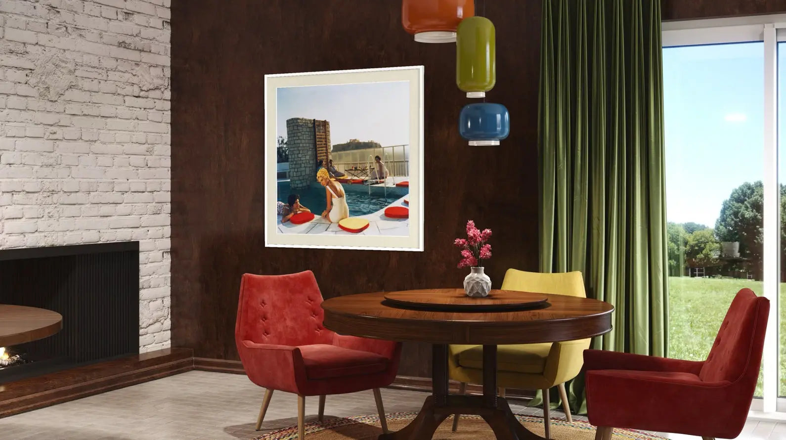 A framed art print depicting a woman in a red bikini by a pool, displayed on a dark brown wall in a modern dining room setting with red and yellow chairs, a wooden table, and green curtains.