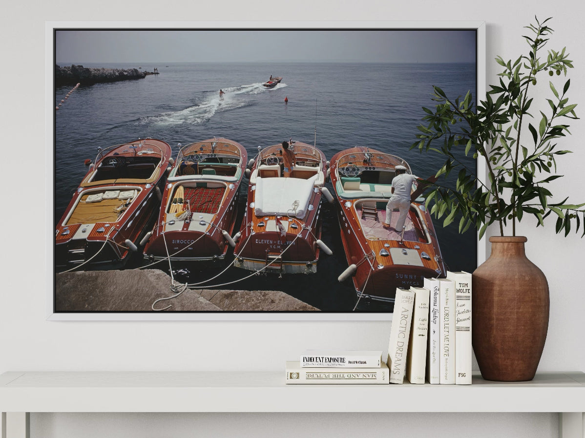 Detail of Riva Boats at Hôtel du Cap-Eden-Roc by Slim Aarons printed on Chromaluxe metal, showing surface depth and archival quality by The Picturalist.
