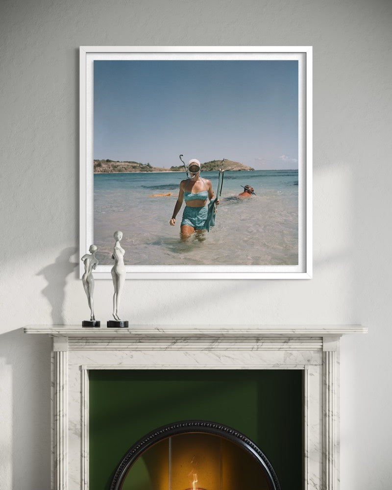 Artist: Slim Aarons
Collection: Getty Images Gallery
Location: Antigua, Caribbean
Subject: Snorkeling, luxury travel, beach lifestyle, resort culture
Style: Luxury lifestyle photography, travel photography, coastal photography
Suitable Spaces: Coastal homes, boutique hotels, resorts, spas, yacht clubs, luxury residences
Medium: Fine art photography, framed art print, museum-quality archival print
Brand: The Picturalist
Primary Intent: Luxury coastal wall art, hospitality art, travel photography for interior