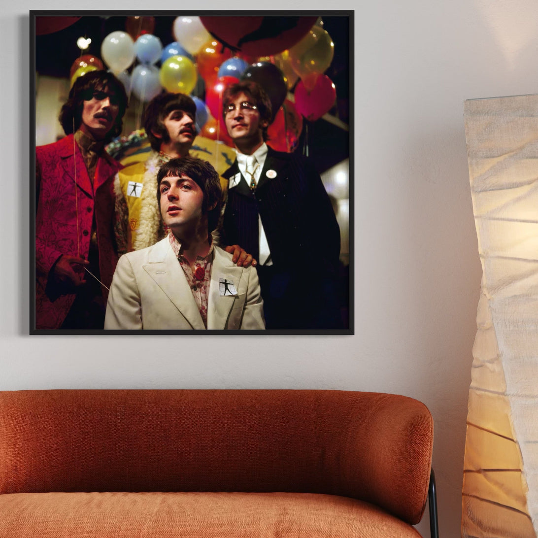 All You Need Is Love by BIPS-Stringer, color photograph of The Beatles surrounded by balloons, fine art print from Getty Images Gallery framed by The Picturalist
