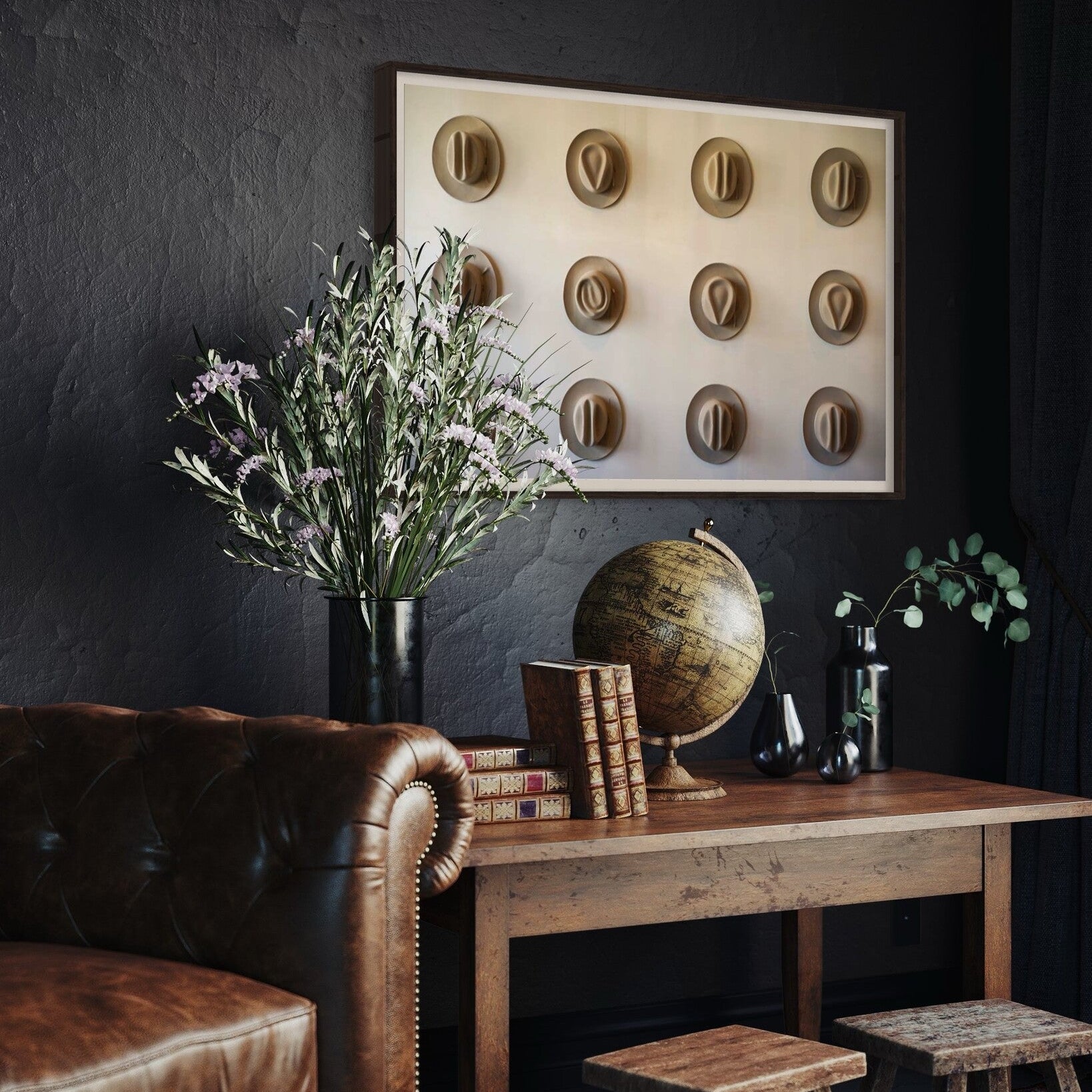 Twelve Hats of the Frontier presented in a contemporary office, sculptural Americana artwork by The Picturalist.