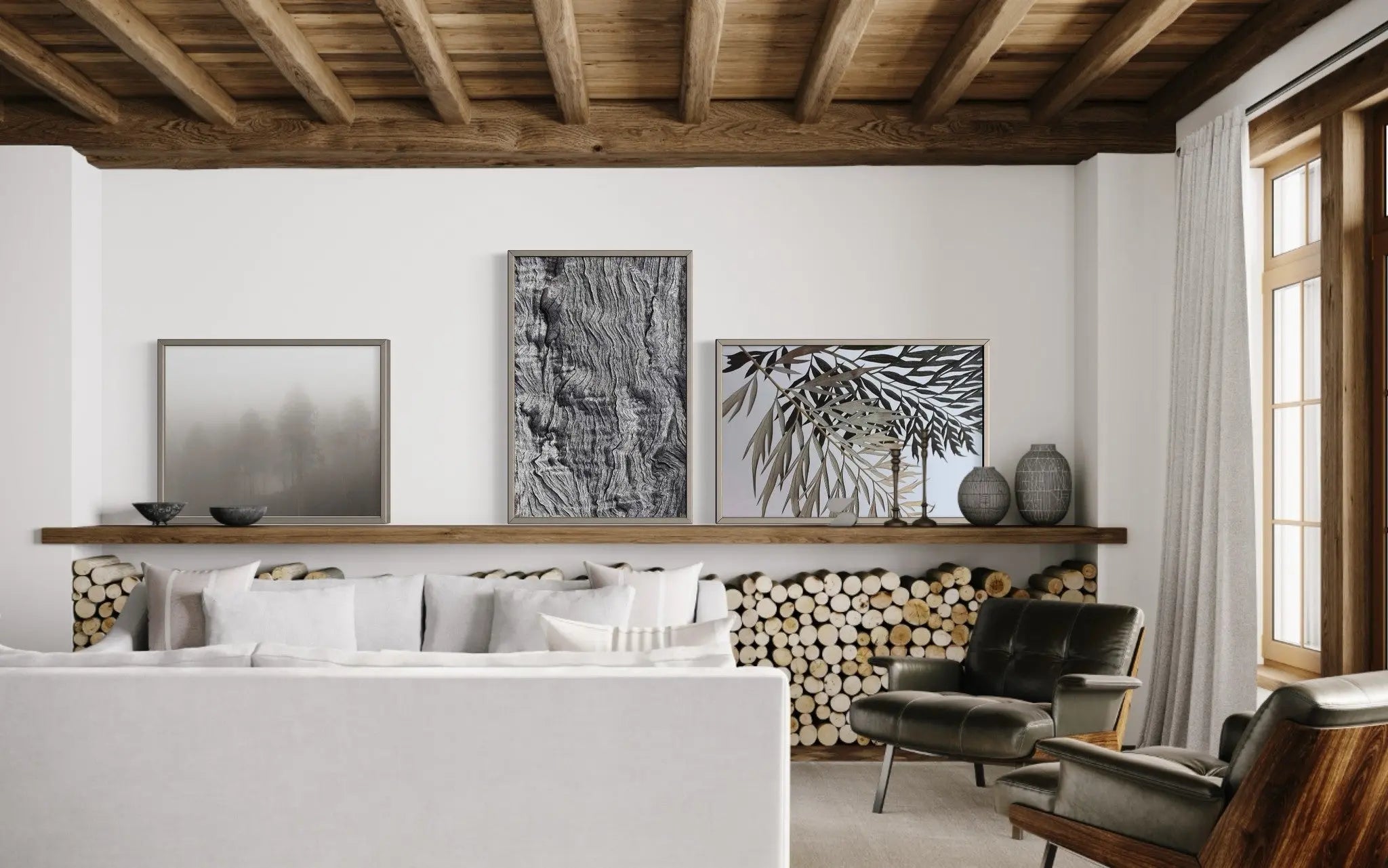 Monochrome Trees by P. Hendry shown in a minimalist home decor setting