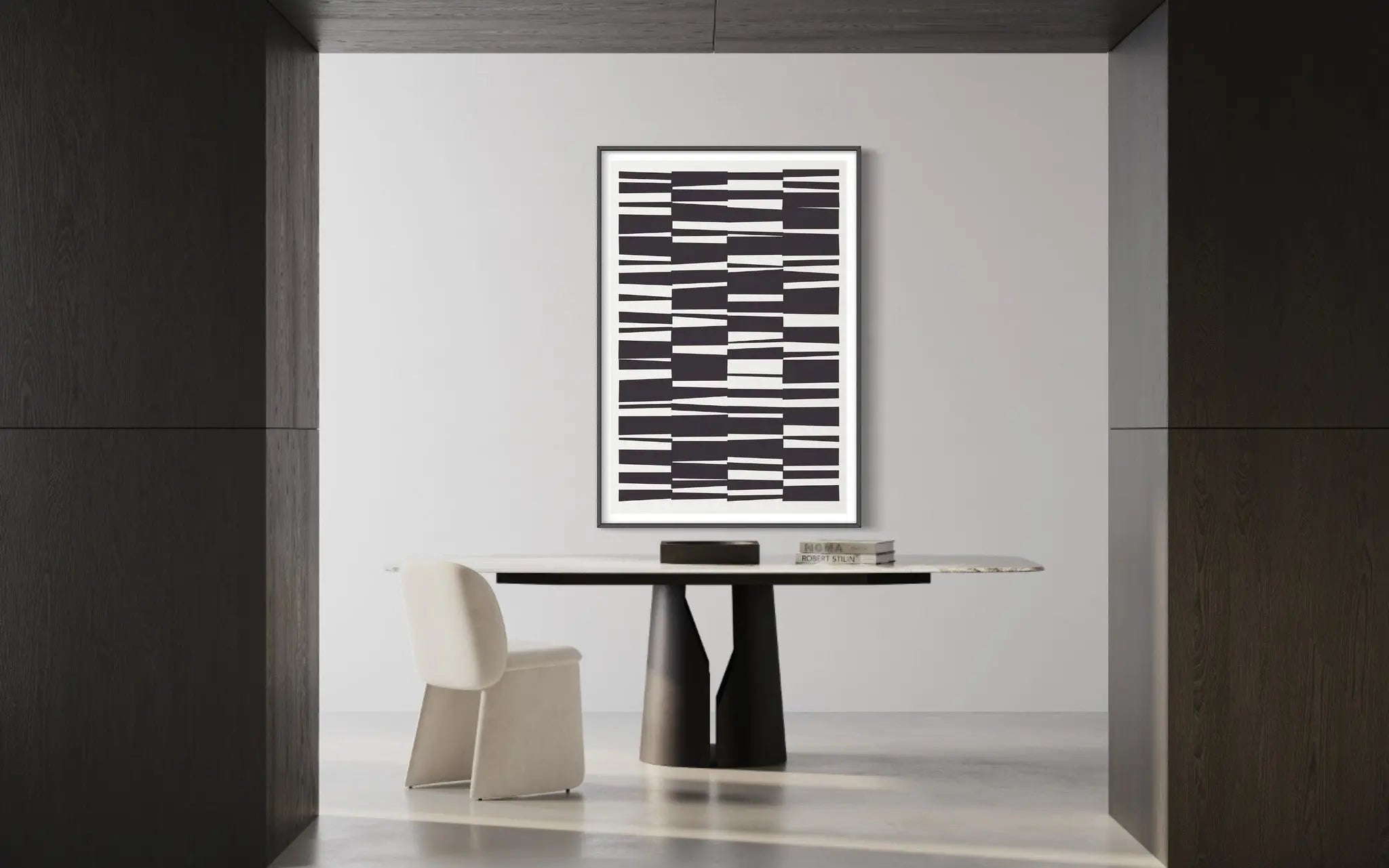 Deconstructed Screen In Black And White shown in a minimalist home decor setting