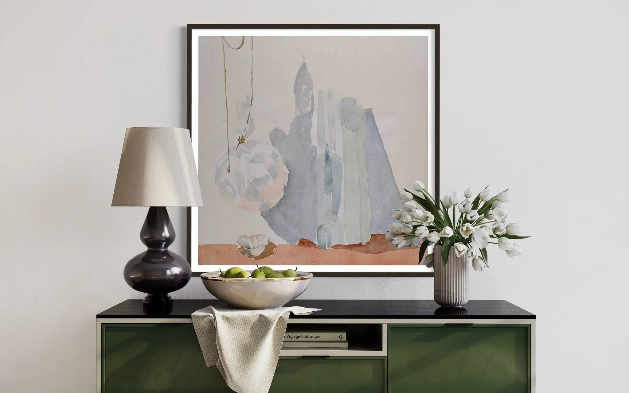 Abstraction in Grey and Pink by Encarnacion Portal Rubio showcased in a designer room setting