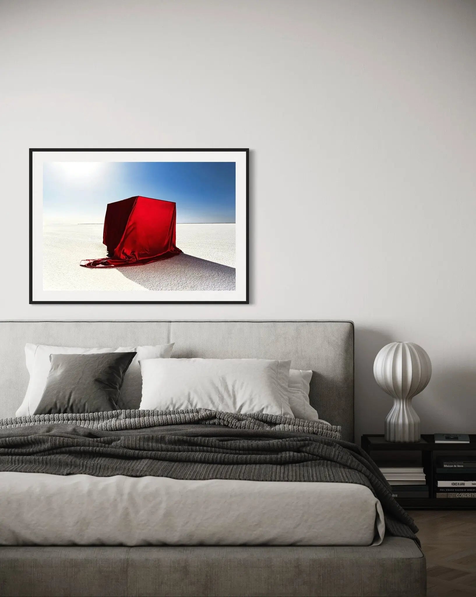 Red Fabric Box on Salt Flats by Andy Ryan styled in a contemporary interior setting
