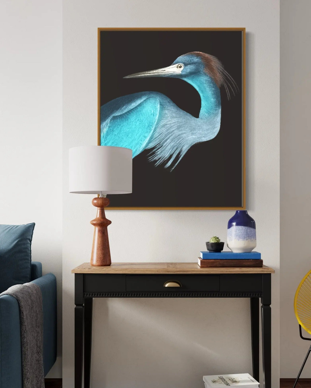 Blue Crane by Alejandro Franseschini showcased in a designer room setting