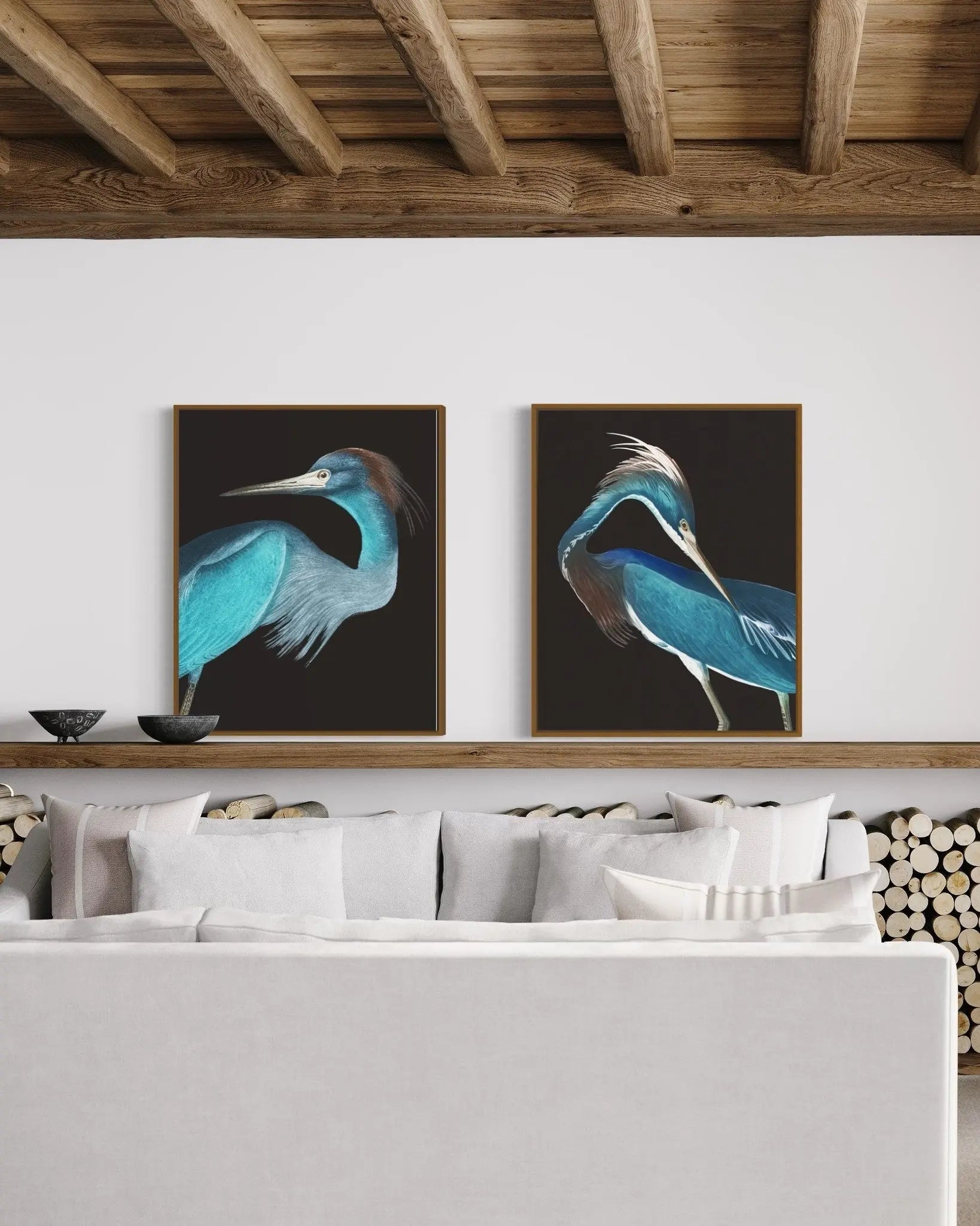 Blue Crane by Alejandro Franseschini displayed in a modern living room interior