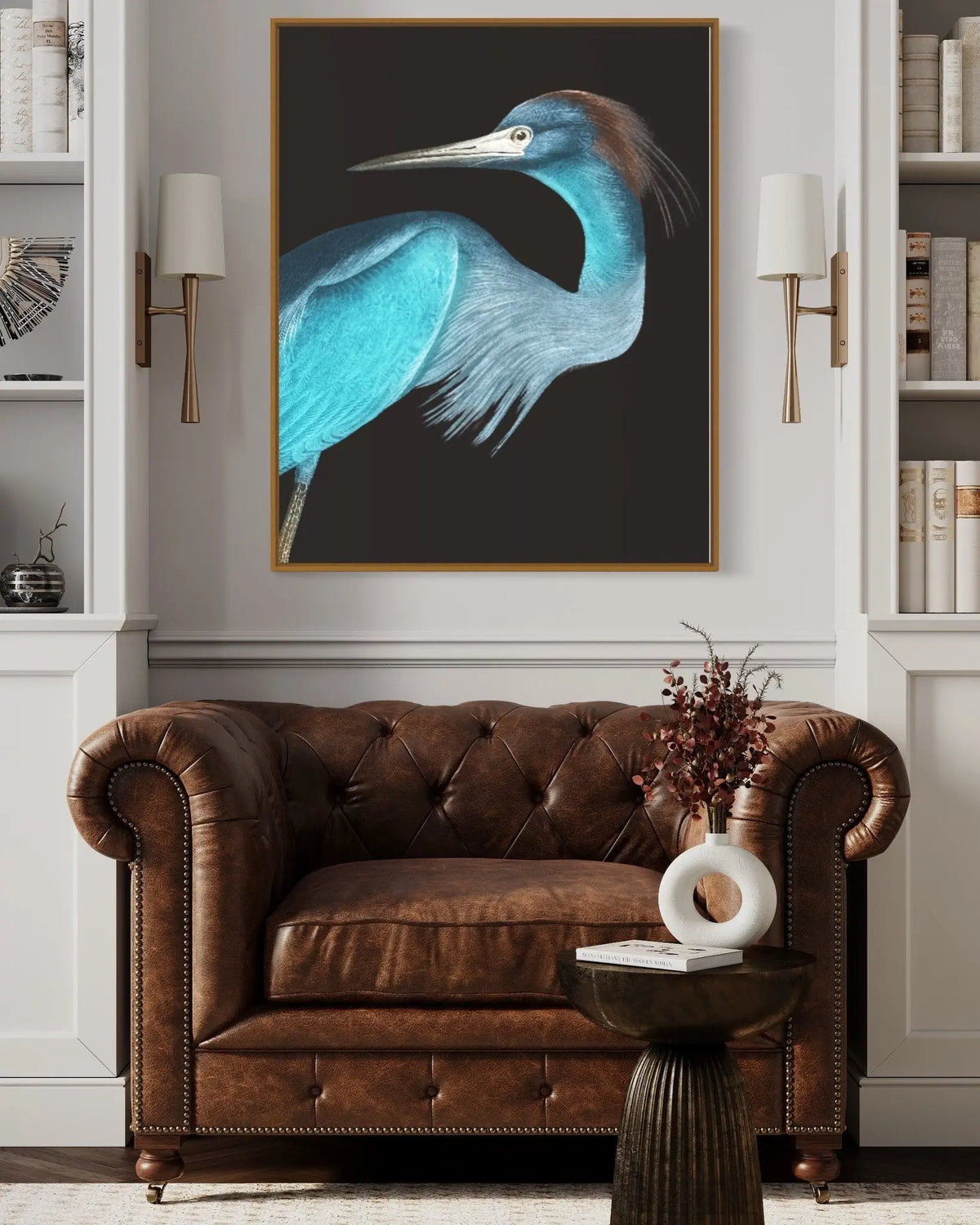 Blue Crane by Alejandro Franseschini shown in a minimalist home decor setting