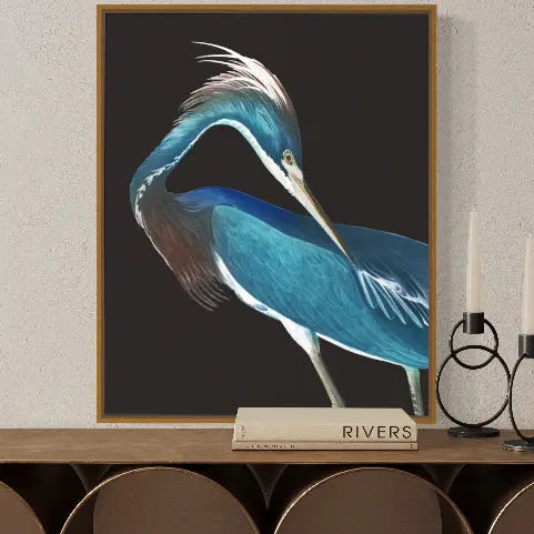 Blue Heron by Alejandro Franseschini displayed in a modern living room interior