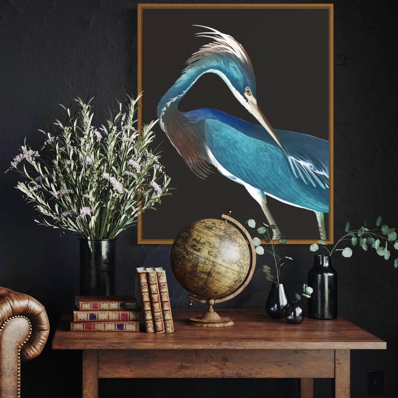 Blue Heron by Alejandro Franseschini showcased in a designer room setting