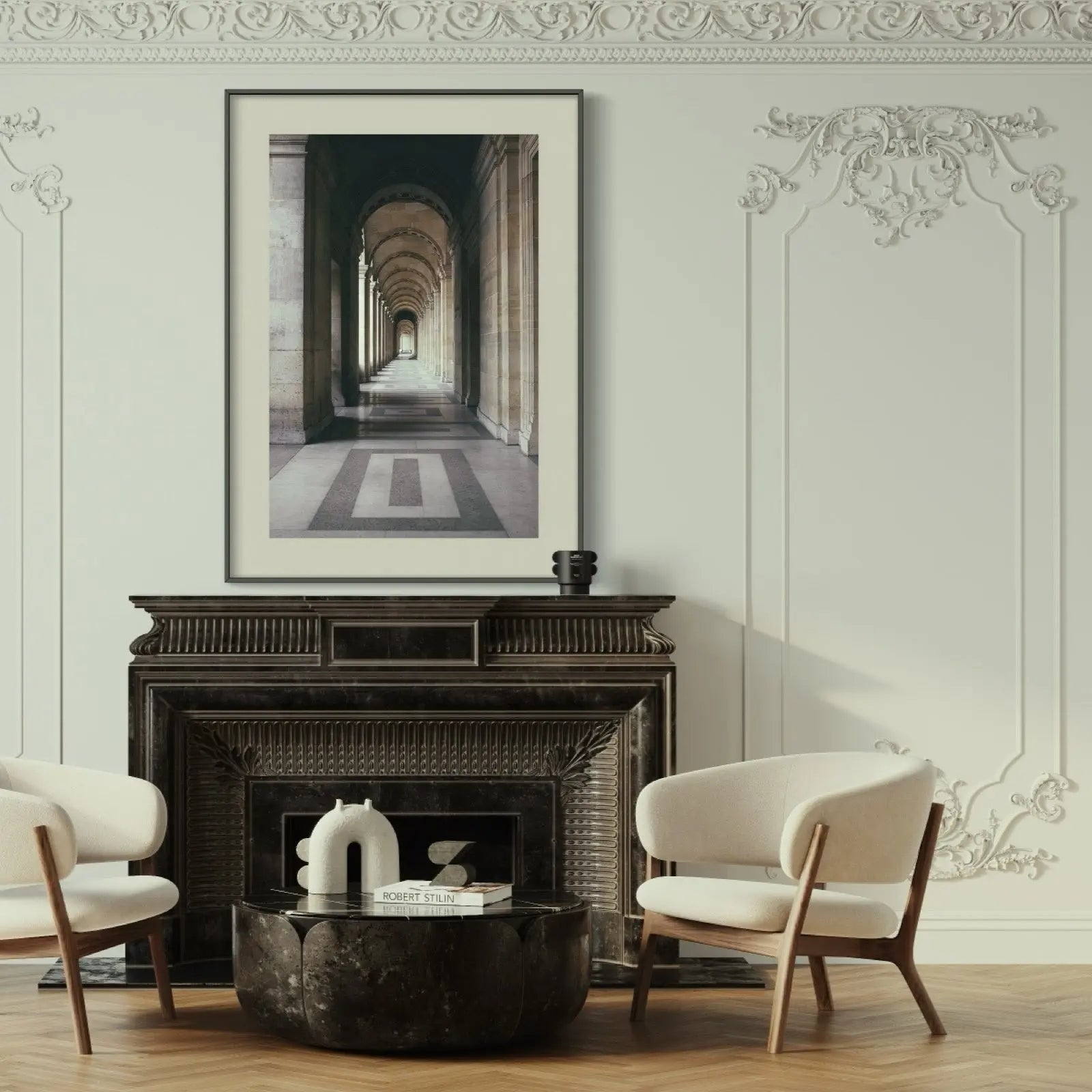The Louvre Perspective by A. Holyake displayed in a modern living room interior