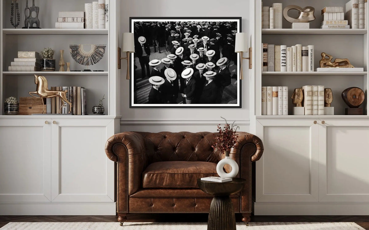 Harrow Schoolboys in Boaters 1956 displayed in a modern living room interior