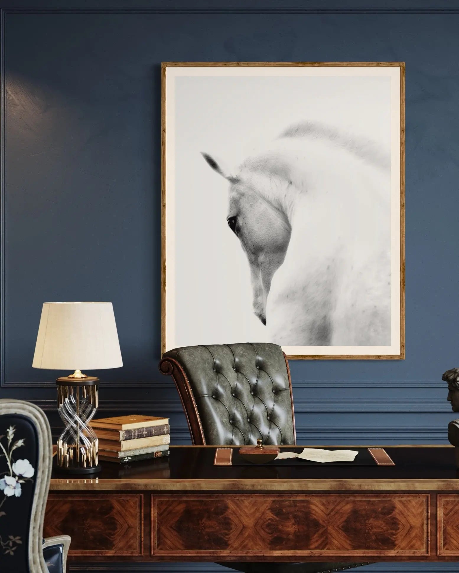 White Stallion Andalusian Horse styled in a contemporary interior setting