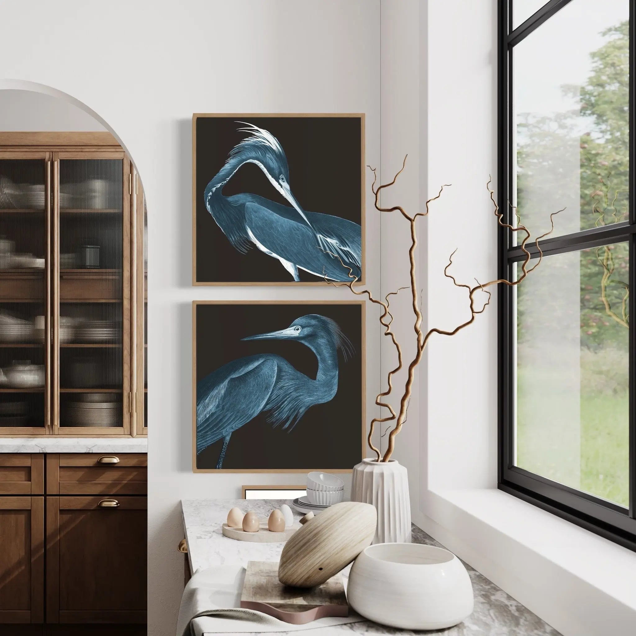 Louisiana Heron (Black Background) by Alejandro Franseschini styled in a contemporary interior setting