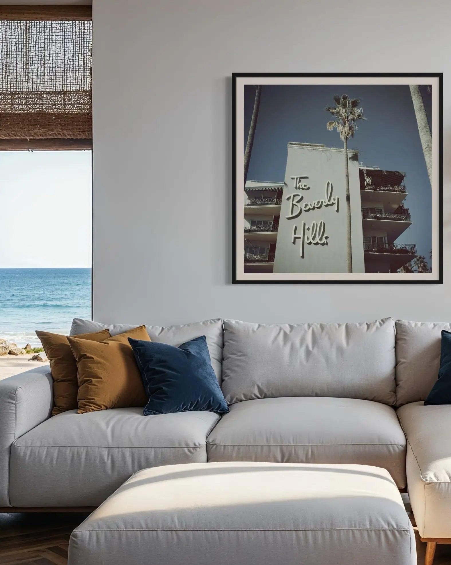 The Beverly Hills Hotel by Slim Aarons displayed in a modern living room interior