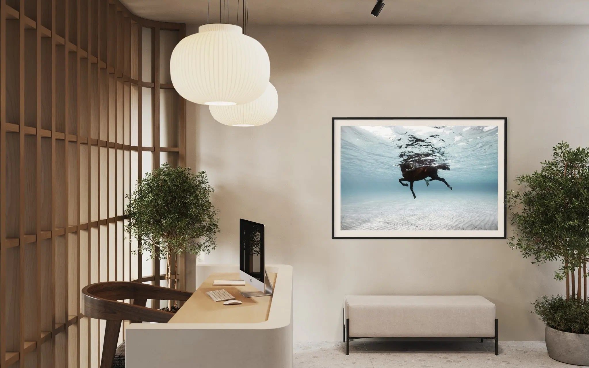 On a Horse in the Mediterranean Sea by Enric Gener featured in an elegant interior space