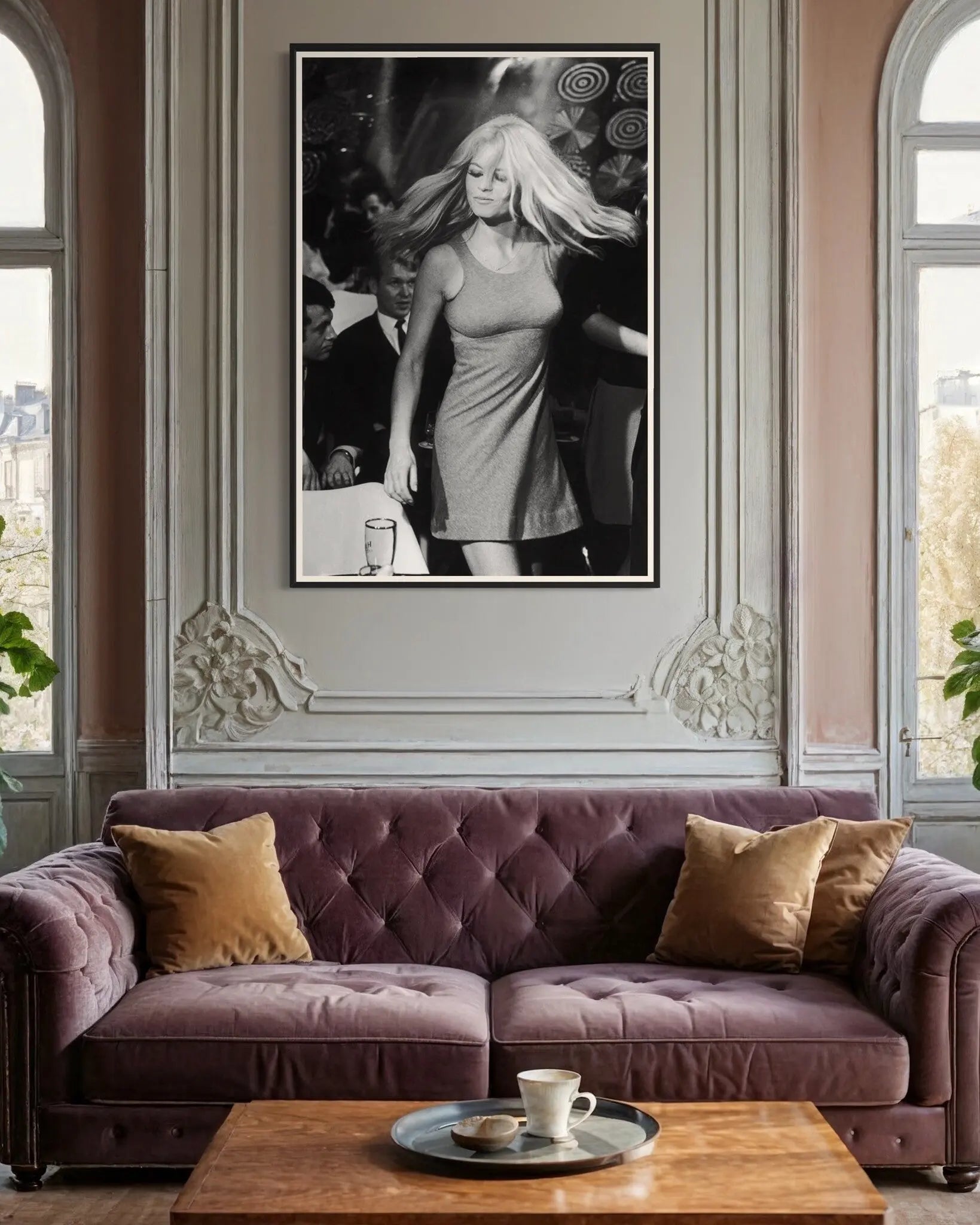 Brigitte Bardot Dancing by Reg Lancaster displayed in a modern living room interior