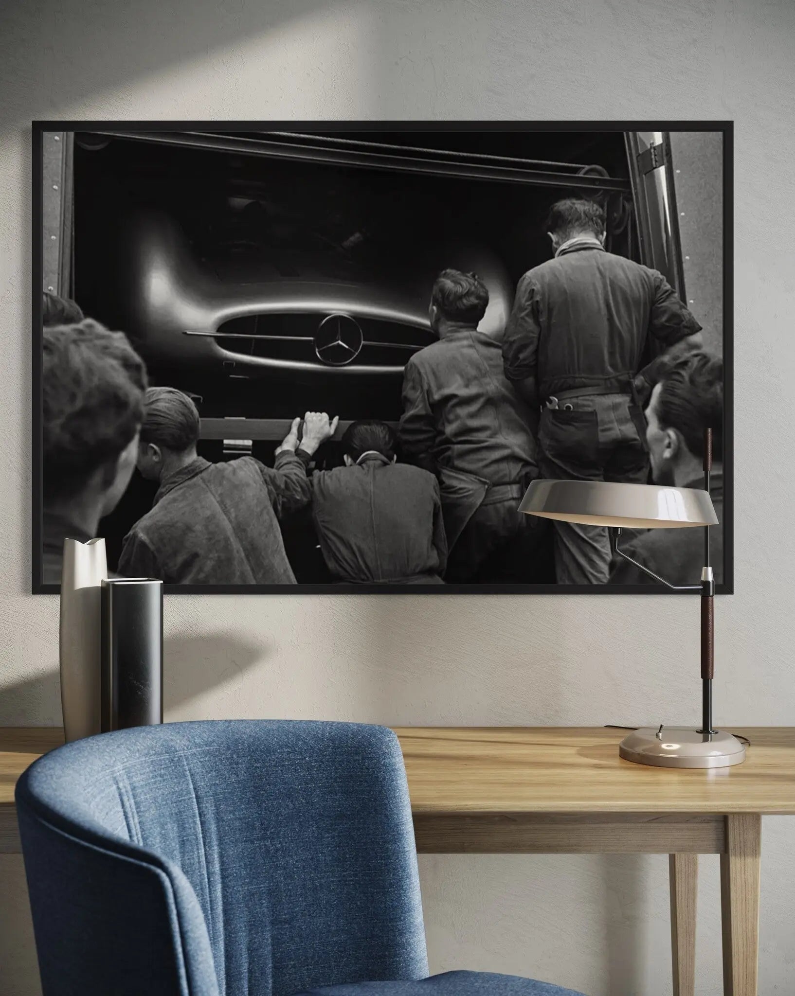 1954 Mercedes Grand Prix by Joseph McKeown displayed in a modern living room interior