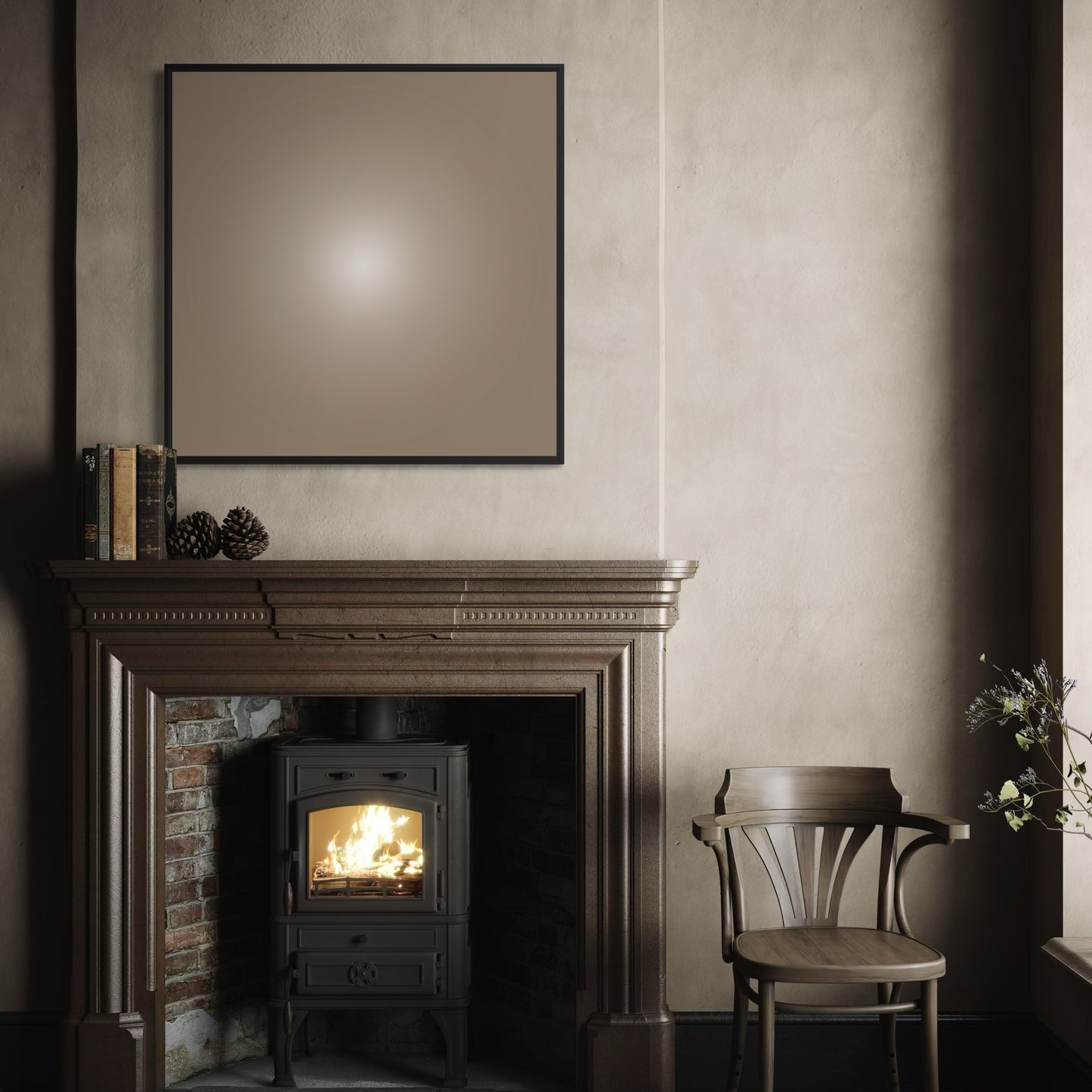 Cozy room with a lit fireplace, wooden chair, and framed picture on the wall.