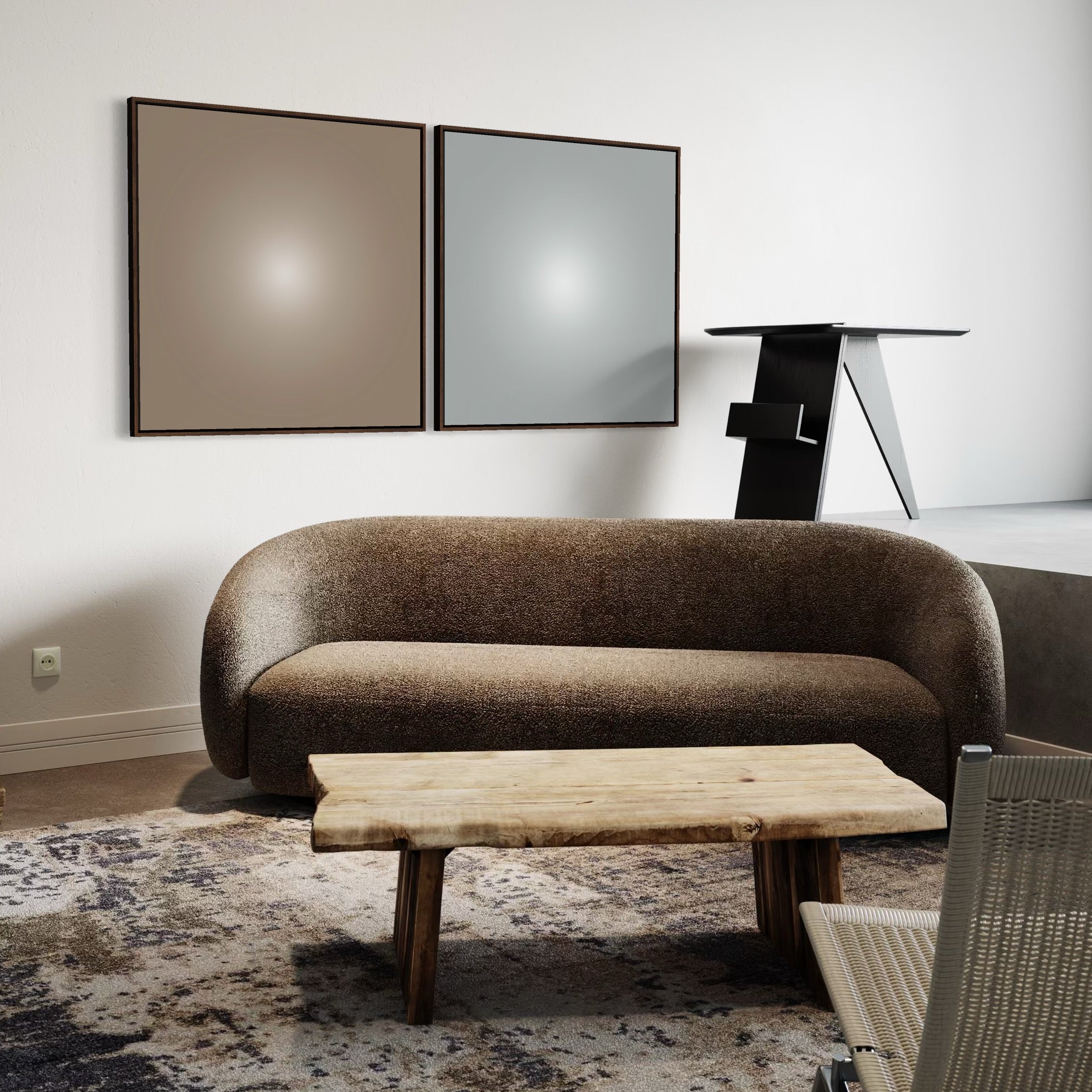 Modern living room with a brown sofa, wooden coffee table, and abstract art on the wall.