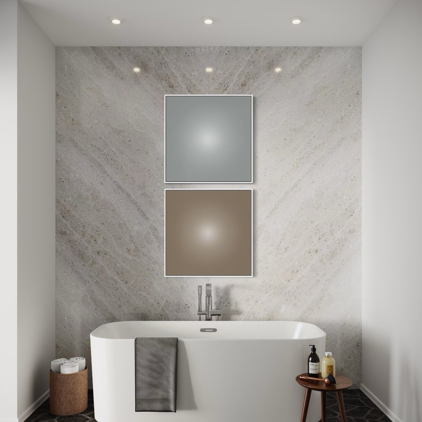 Contemporary artwork for hotels, offices, and residential interior in a modern bathroom with marble wall, freestanding bathtub, and small table with items.