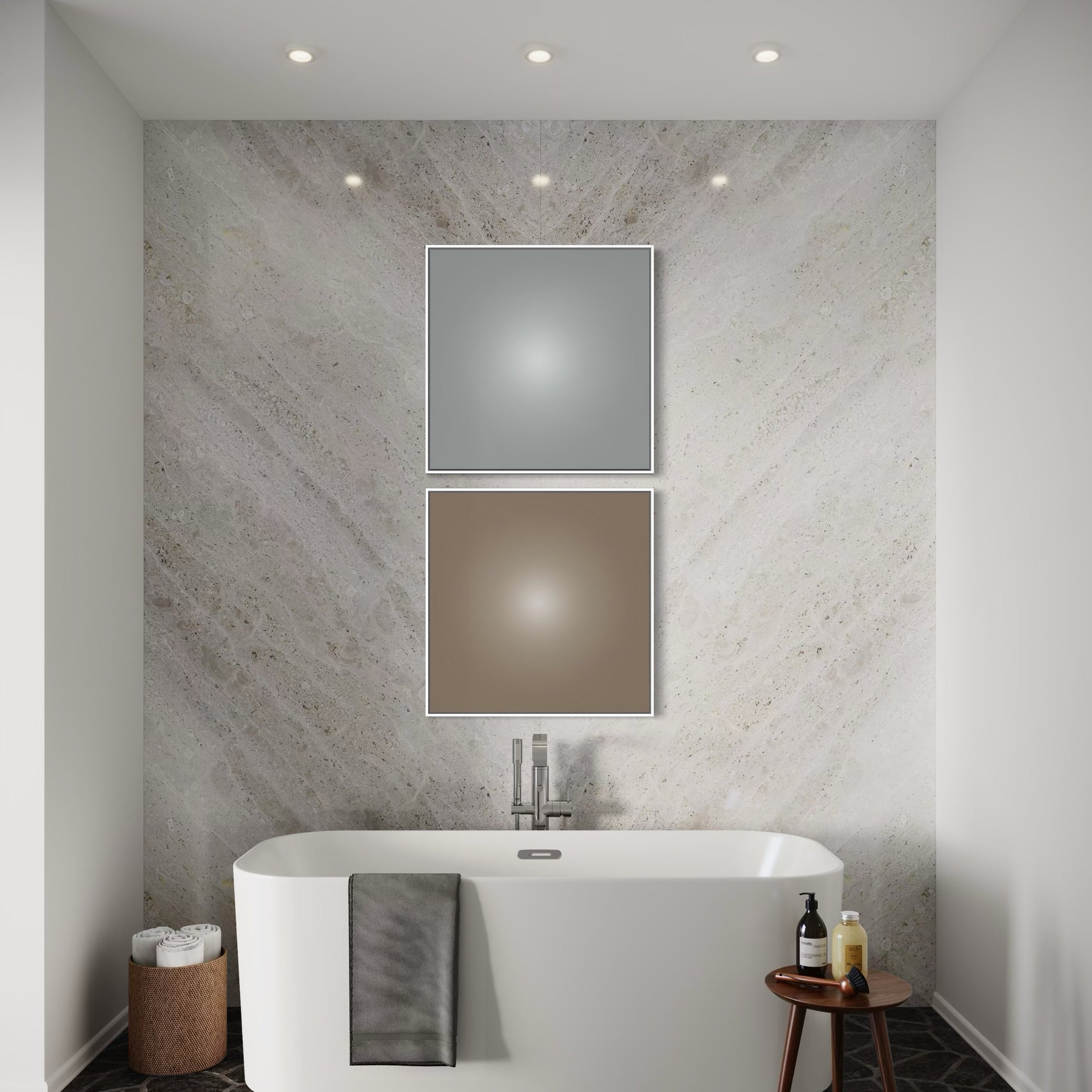 Contemporary artwork for hotels, offices, and residential interior in a modern bathroom with marble wall, freestanding bathtub, and small table with items.